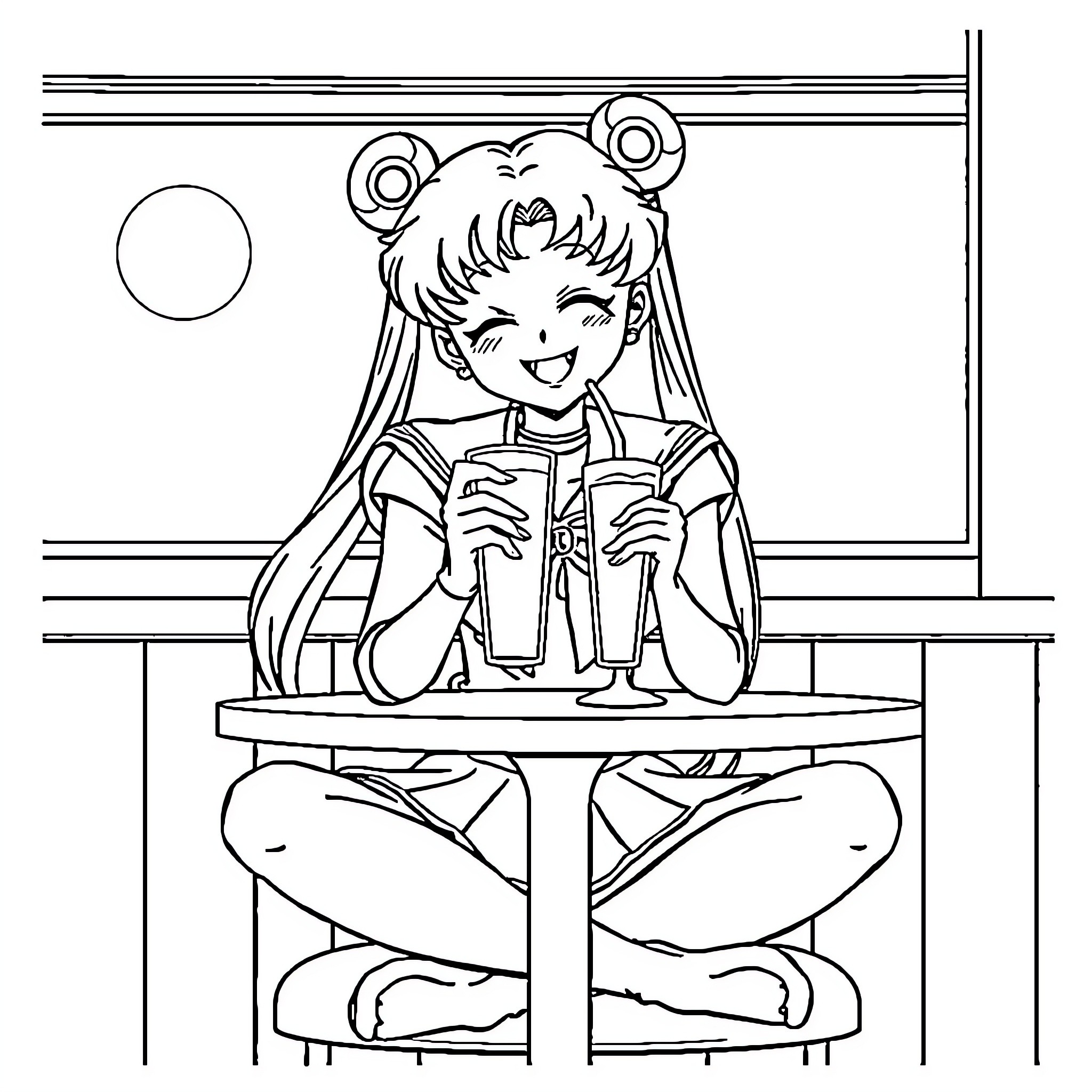 Sailor Moon studying diligently at her desk Coloring Page (free black-and-white line drawing printable PDF for all, from beginners to advanced learners, including children, teens, adults, and seniors)