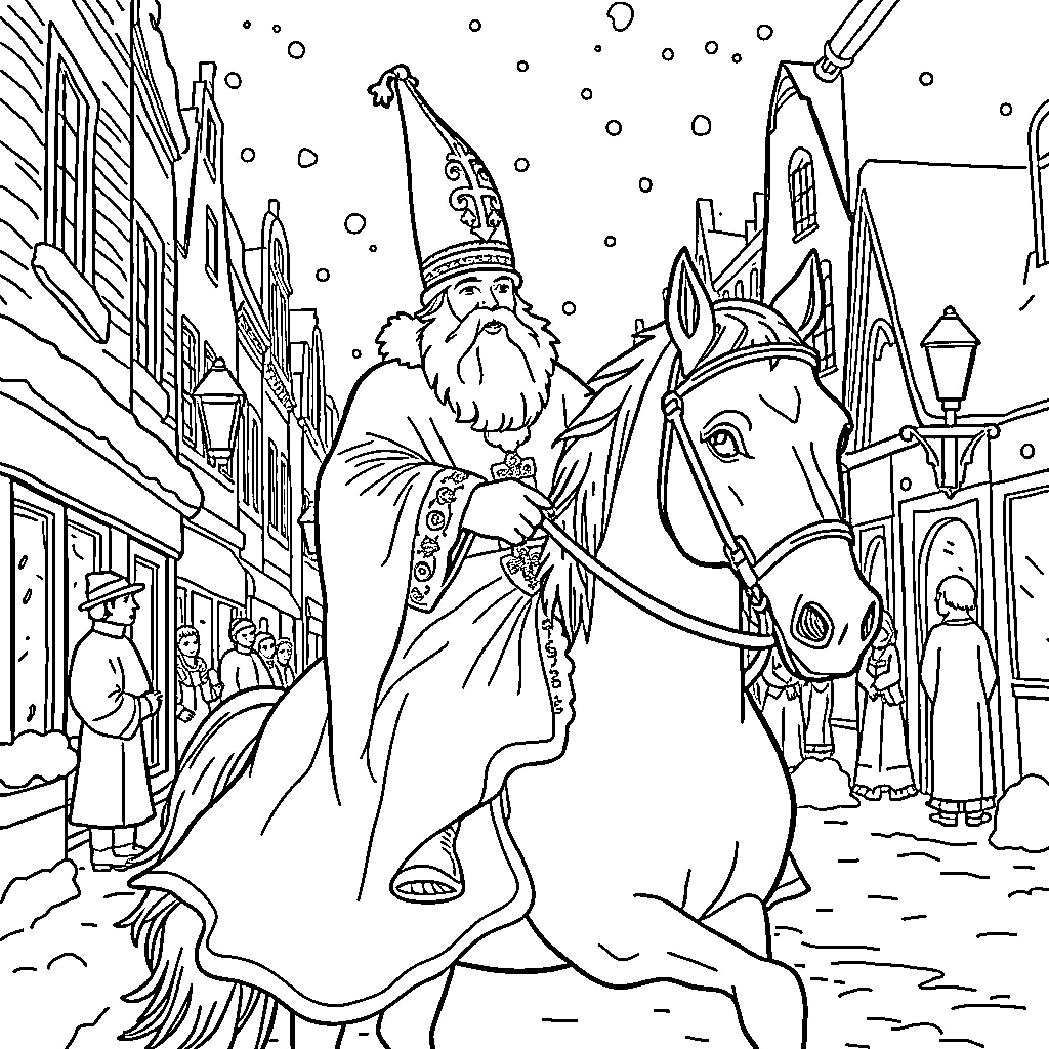 Sinterklaas riding his horse through a snowy city Coloring Page (free black-and-white line drawing printable PDF for all, from beginners to advanced learners, including children, teens, adults, and seniors)