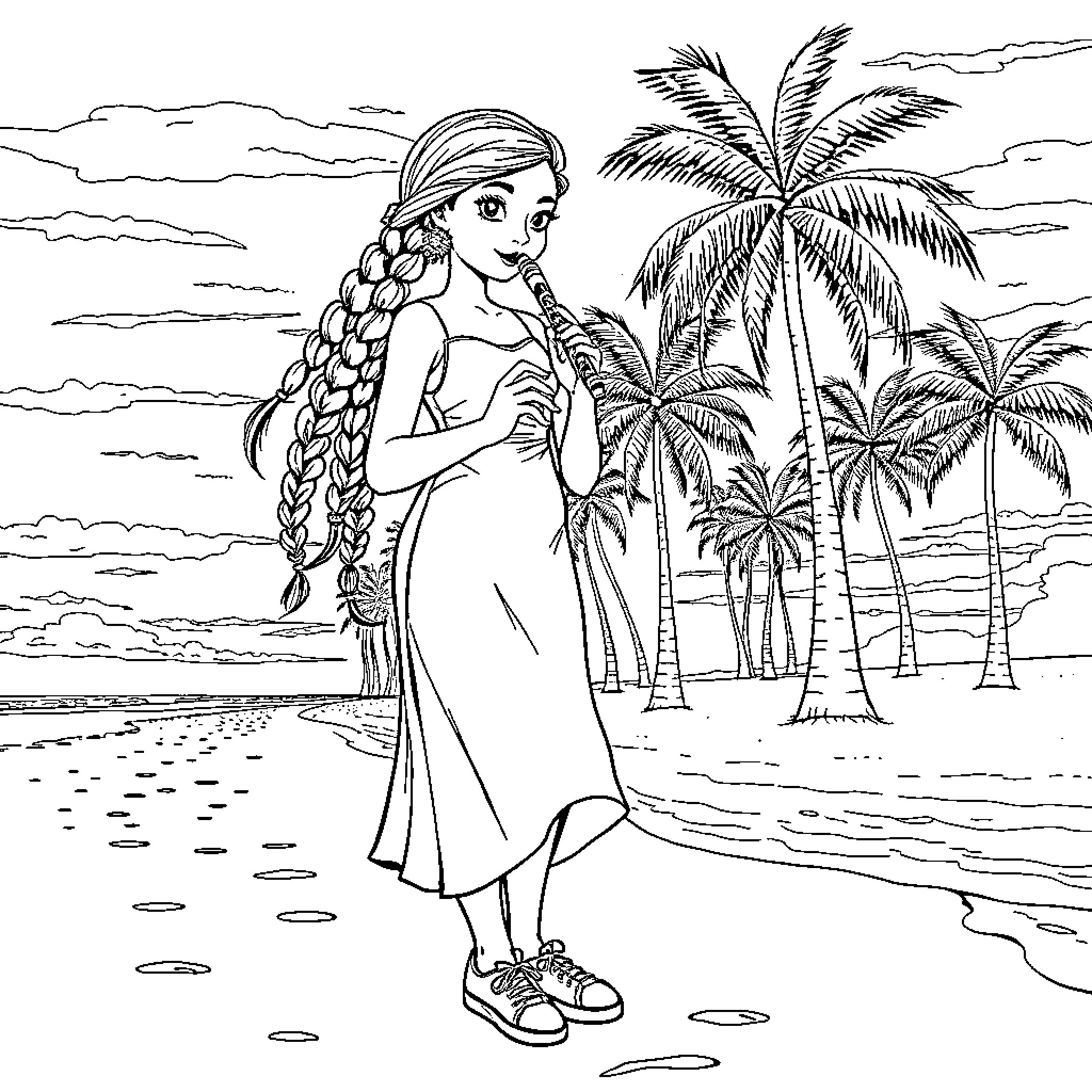 Girl in beach paradise with palm trees Coloring Page (free black-and-white line drawing printable PDF for all, from beginners to advanced learners, including children, teens, adults, and seniors)
