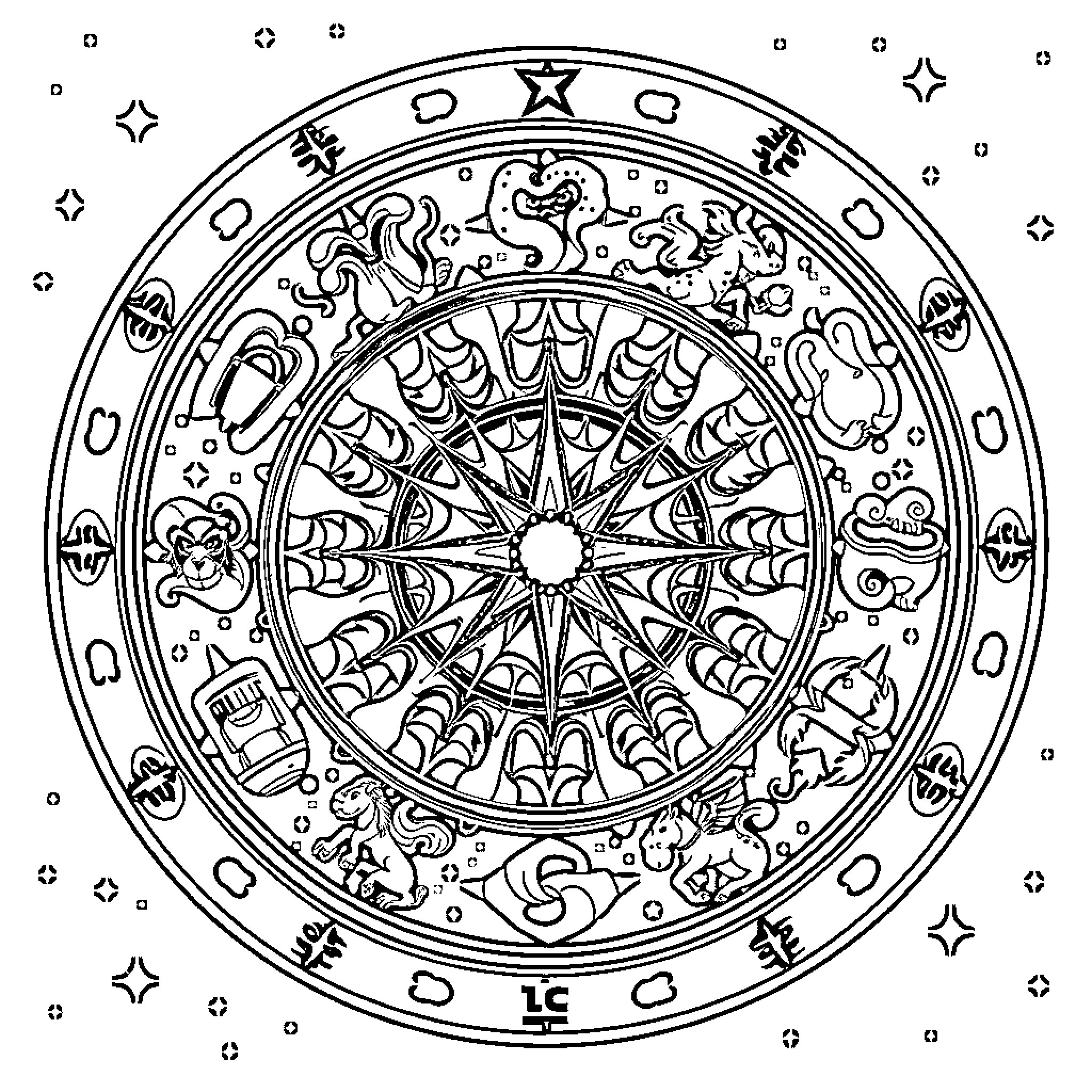 Astrology: Celestial symbols and mystical patterns Coloring Page (free black-and-white line drawing printable PDF for all, from beginners to advanced learners, including children, teens, adults, and seniors)