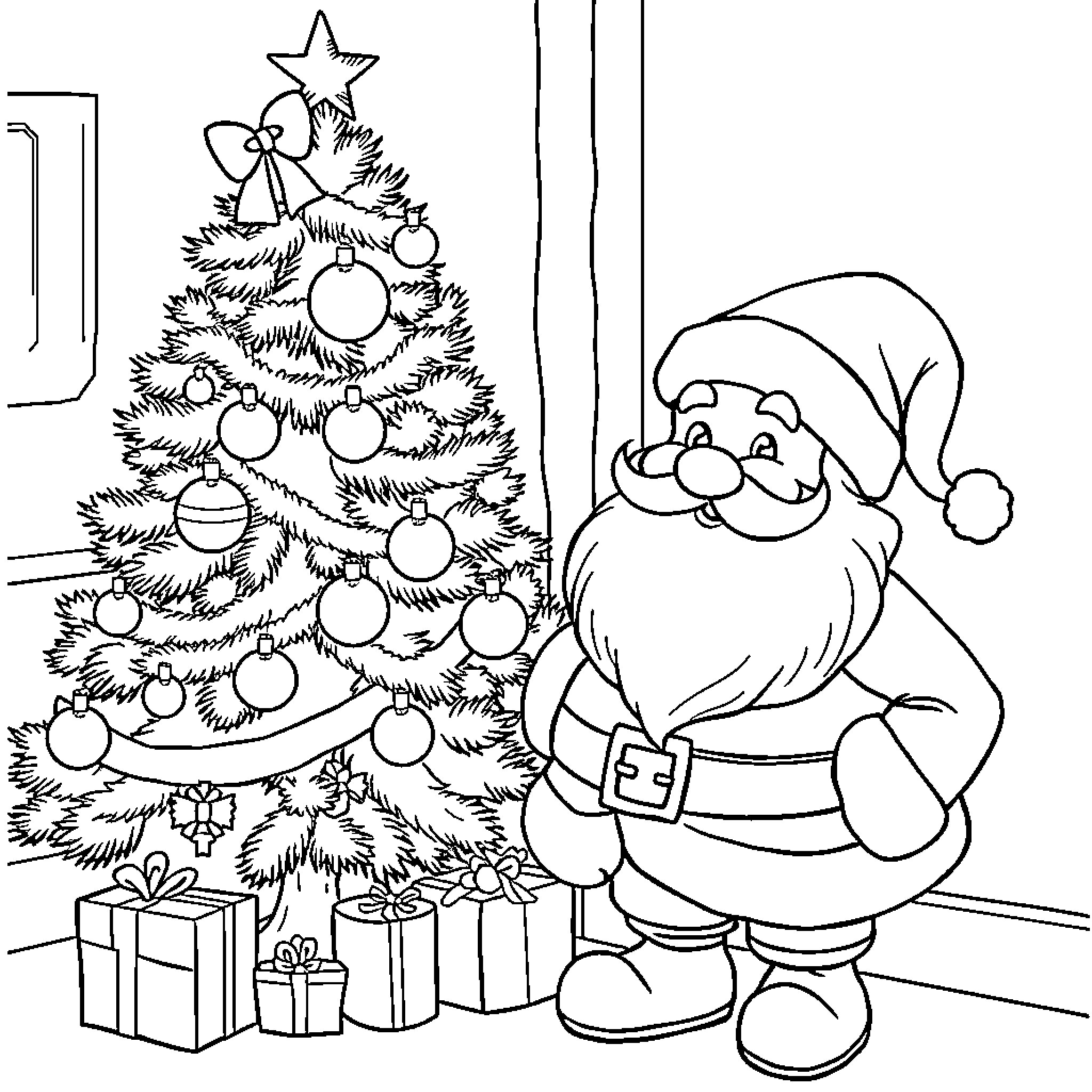 Father Christmas decorating the Christmas tree Coloring Page (free black-and-white line drawing printable PDF for all, from beginners to advanced learners, including children, teens, adults, and seniors)