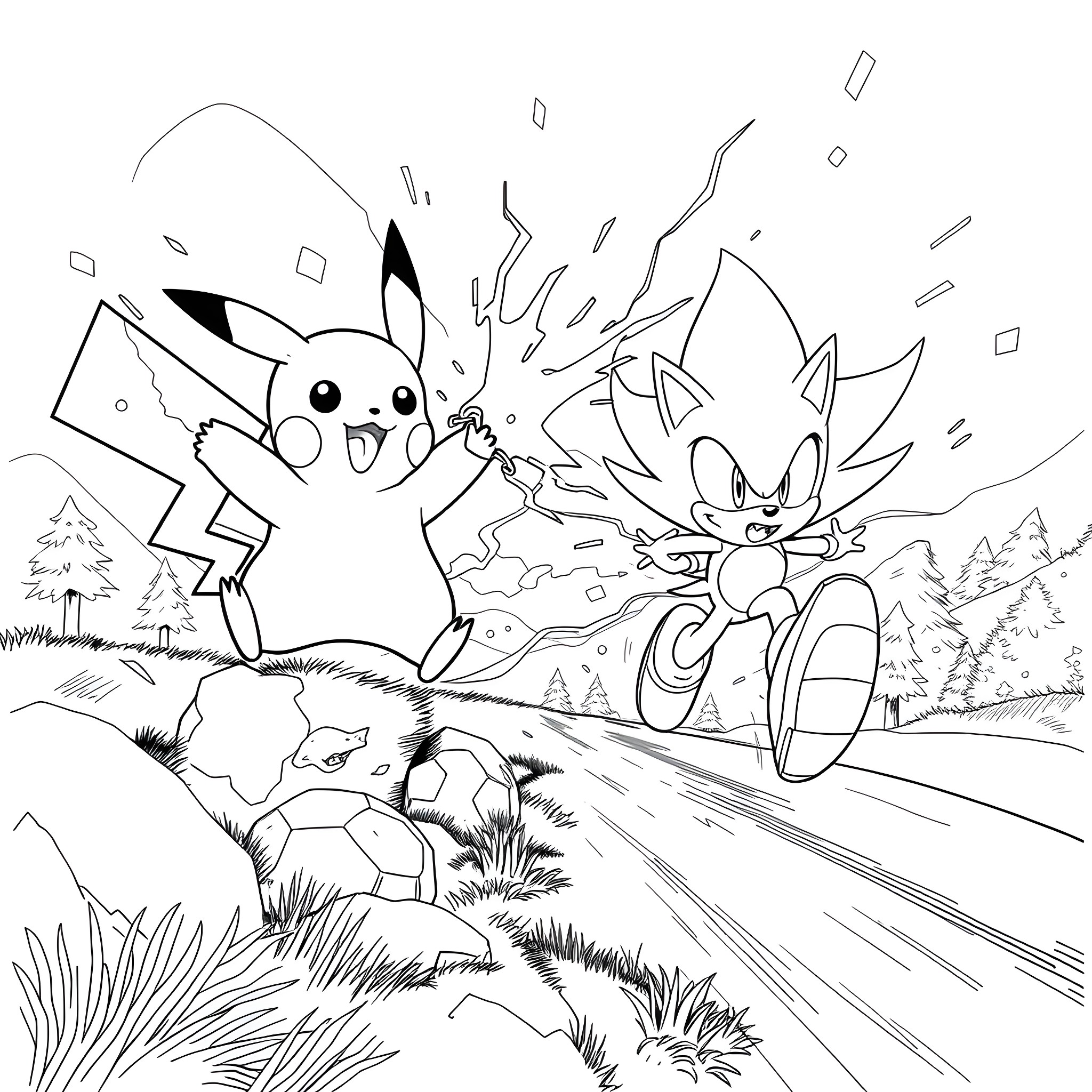 Pikachu and Sonic the Hedgehog battling in the forest Coloring Page (free black-and-white line drawing printable PDF for all, from beginners to advanced learners, including children, teens, adults, and seniors)