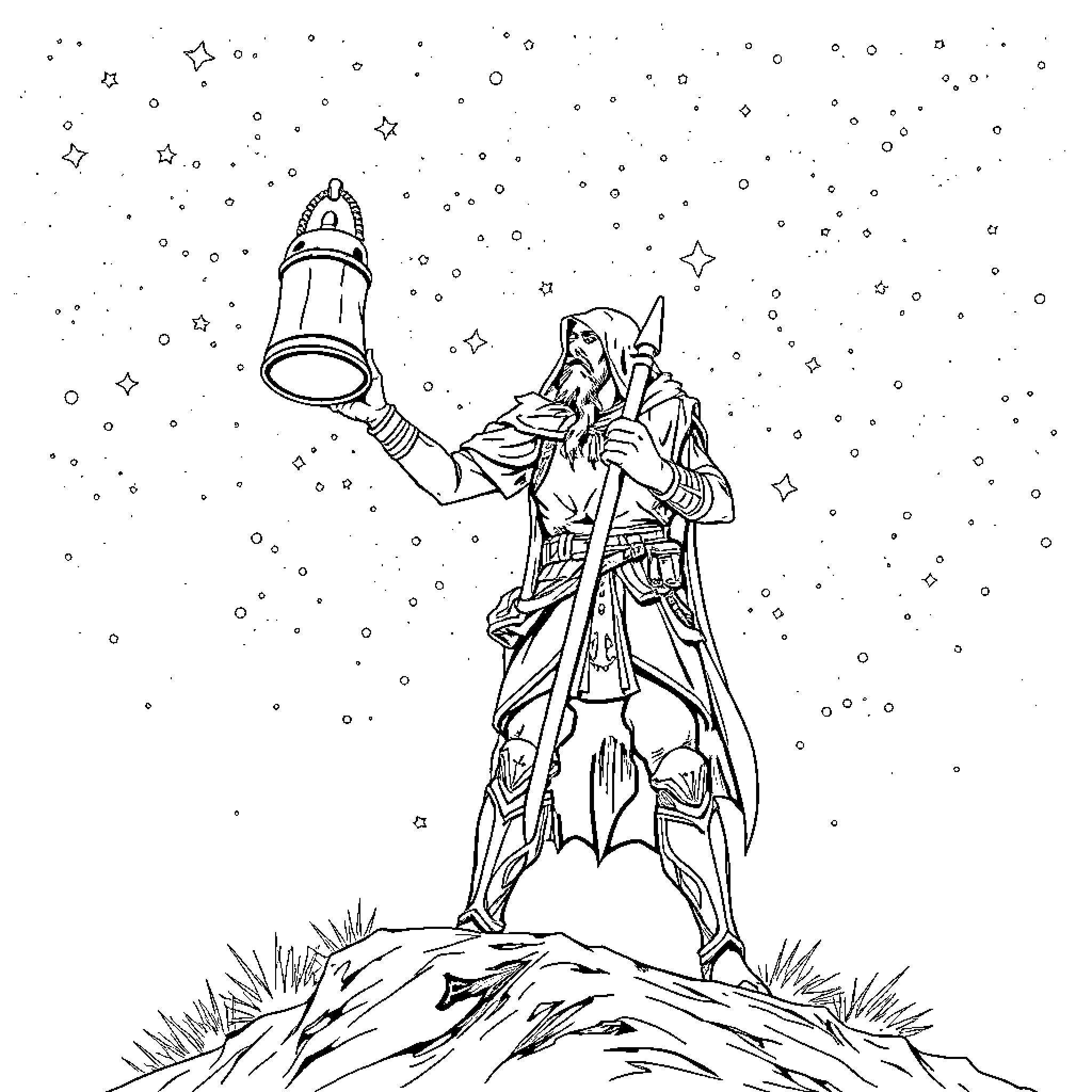 Bell Bearing Hunter Searching the Starry Night Sky Coloring Page (free black-and-white line drawing printable PDF for all, from beginners to advanced learners, including children, teens, adults, and seniors)