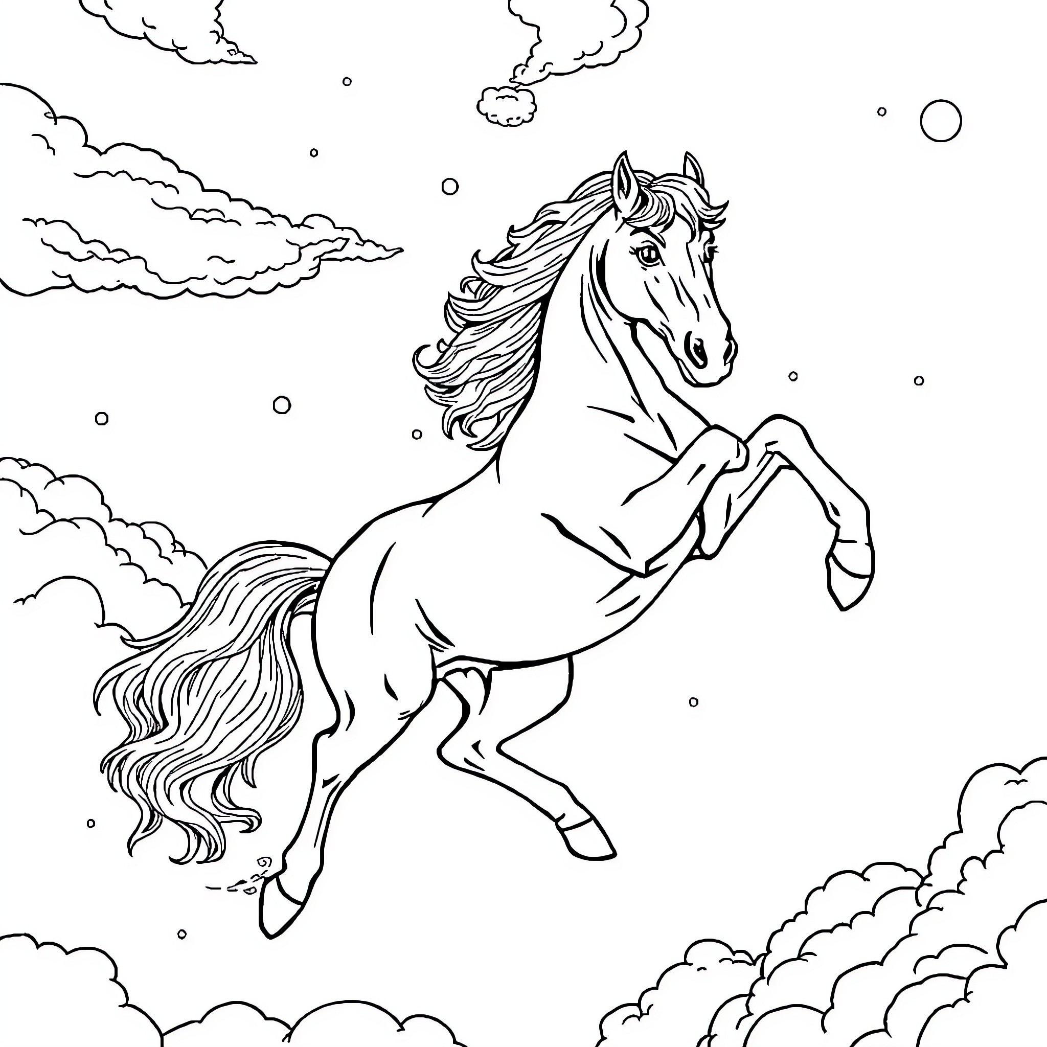 Flying Horse Soaring Through Clouds Coloring Page (free black-and-white line drawing printable PDF for all, from beginners to advanced learners, including children, teens, adults, and seniors)