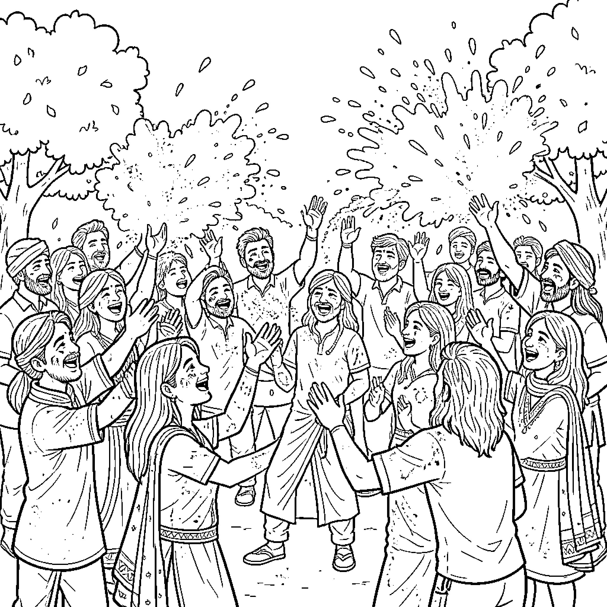 Holi Festival Celebrations with People Joyfully Participating Coloring Page (free black-and-white line drawing printable PDF for all, from beginners to advanced learners, including children, teens, adults, and seniors)