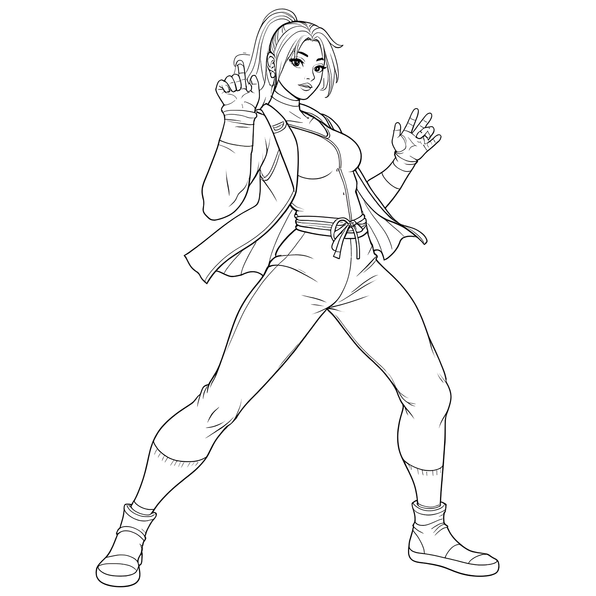 Juri Han taking an action stance Coloring Page (free black-and-white line drawing printable PDF for all, from beginners to advanced learners, including children, teens, adults, and seniors)