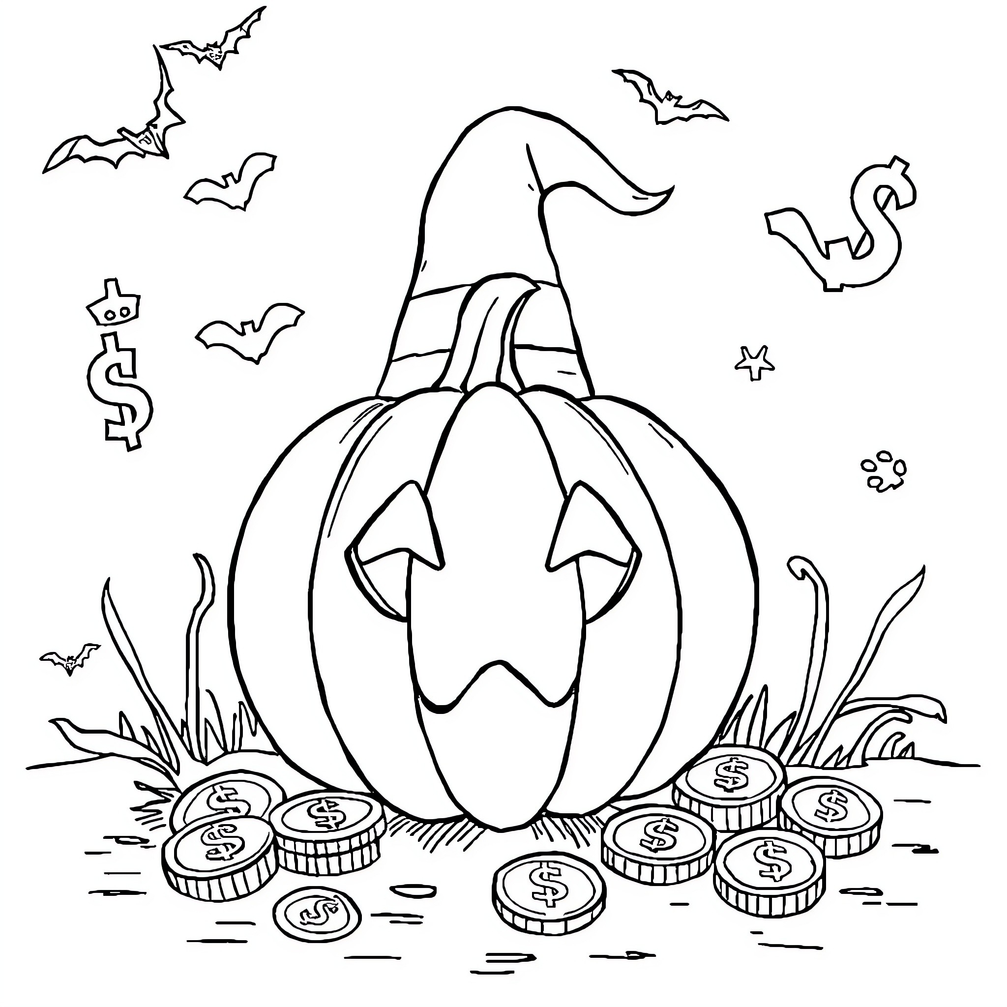 Money-Themed Pumpkin Halloween Scene Coloring Page (free black-and-white line drawing printable PDF for all, from beginners to advanced learners, including children, teens, adults, and seniors)