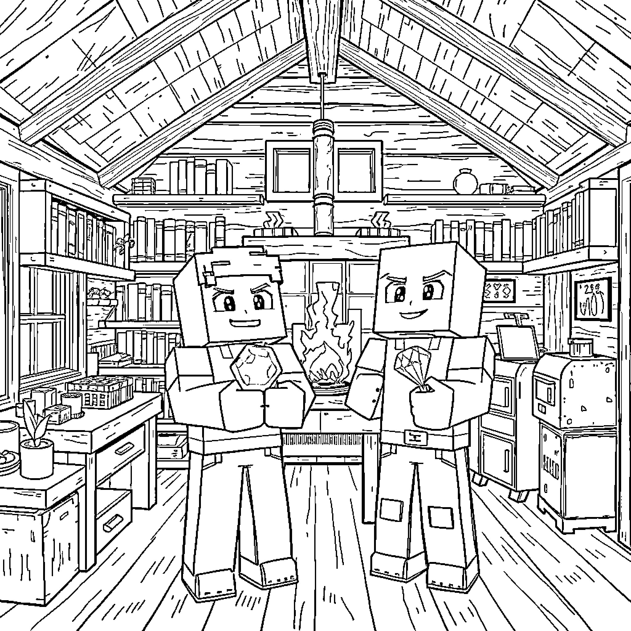Minecraft Characters Enjoying a Cozy Cabin Interior Coloring Page (free black-and-white line drawing printable PDF for all, from beginners to advanced learners, including children, teens, adults, and seniors)
