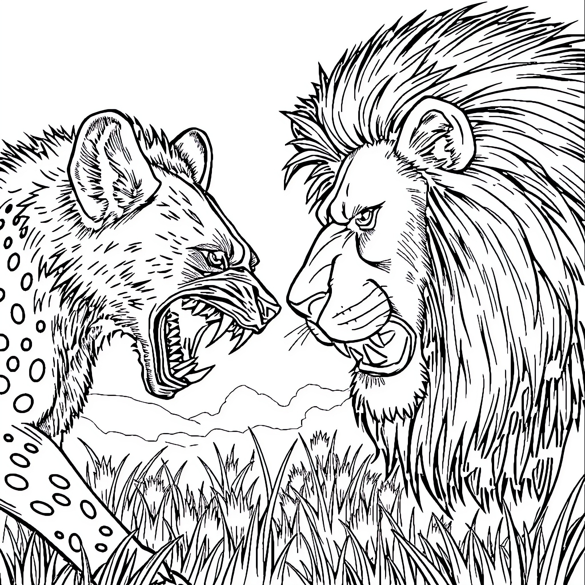 Hyena confronting a mighty lion in the wild Coloring Page (free black-and-white line drawing printable PDF for all, from beginners to advanced learners, including children, teens, adults, and seniors)