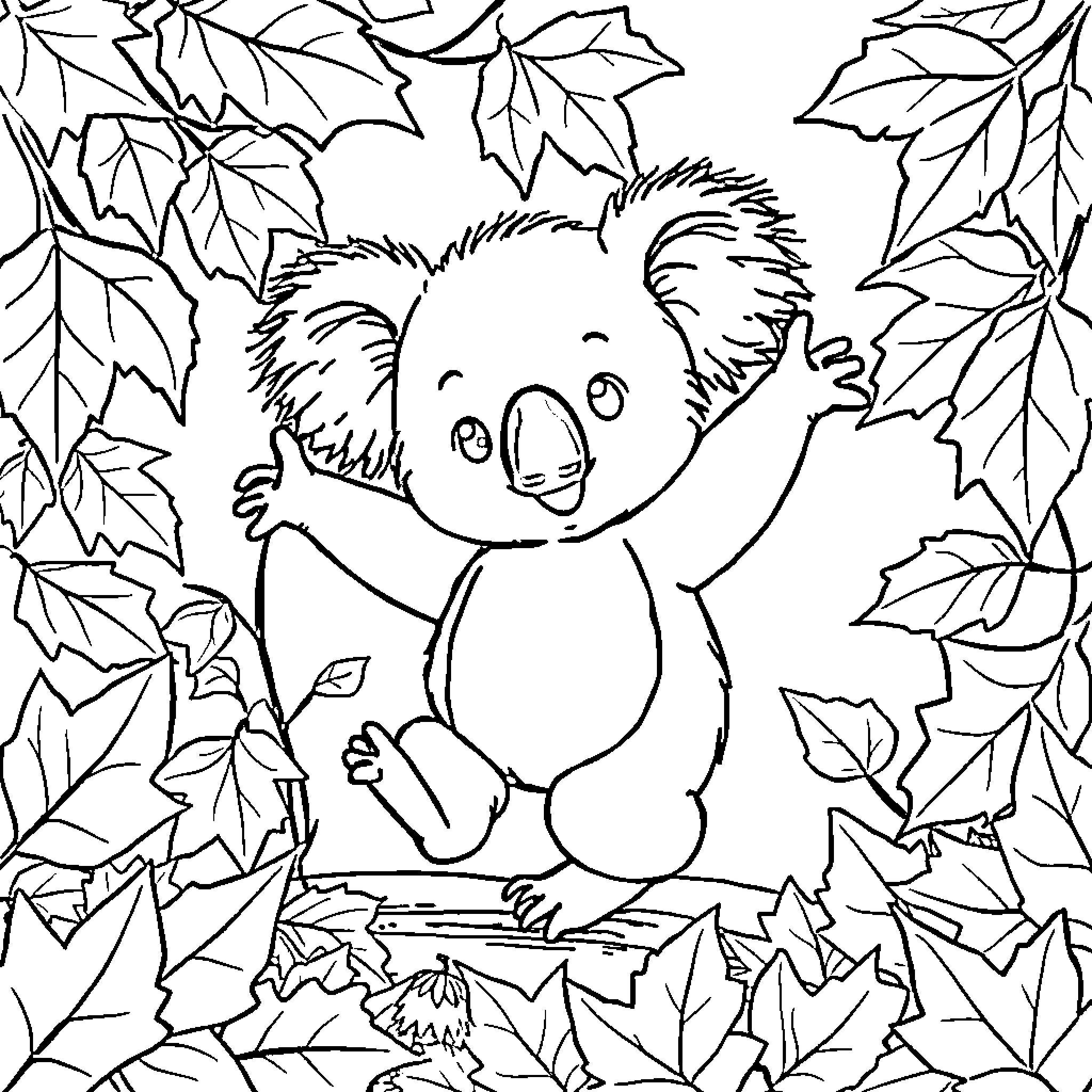 Koala resting amidst autumn leaves Coloring Page (free black-and-white line drawing printable PDF for all, from beginners to advanced learners, including children, teens, adults, and seniors)