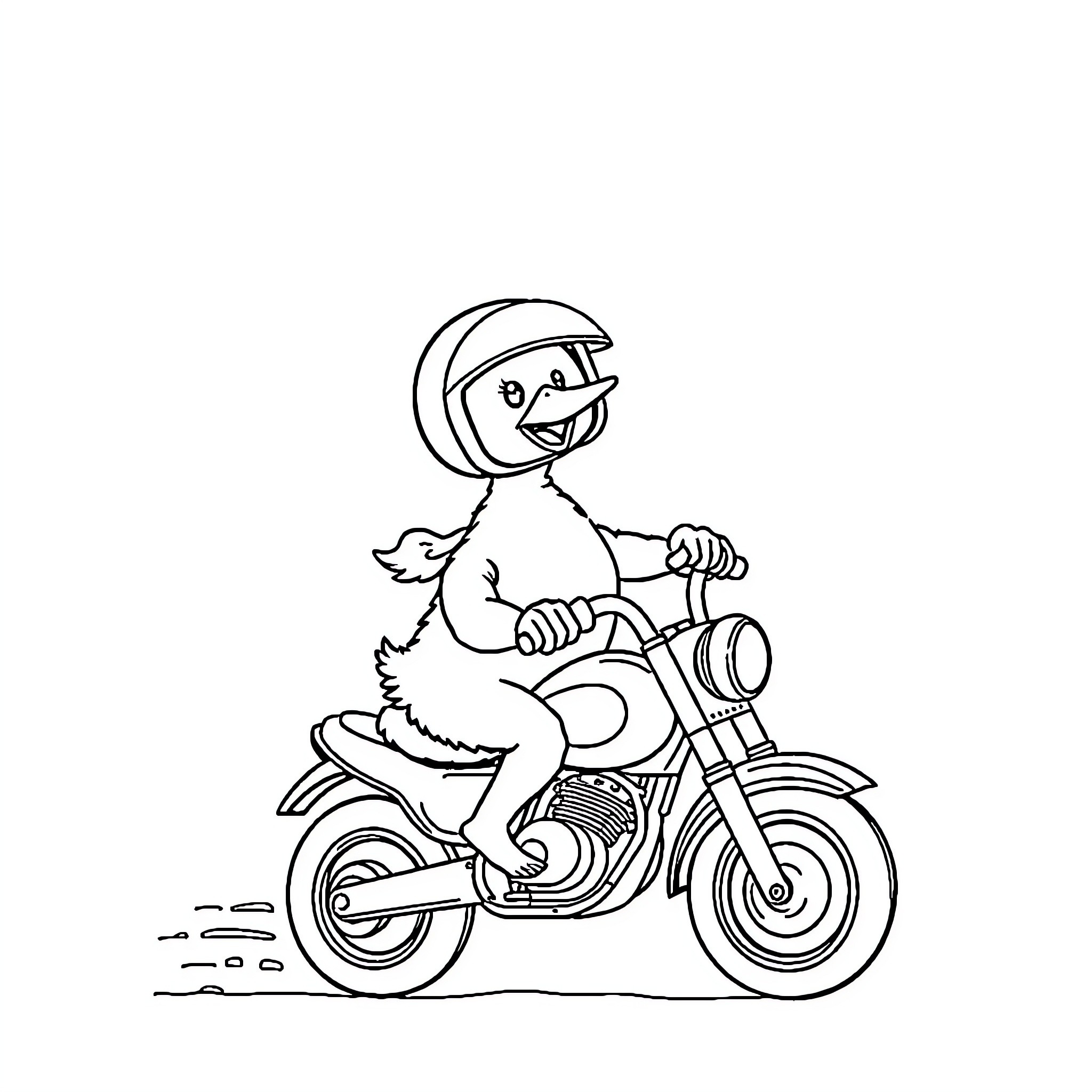 Duck riding a motorcycle with enthusiasm Coloring Page (free black-and-white line drawing printable PDF for all, from beginners to advanced learners, including children, teens, adults, and seniors)