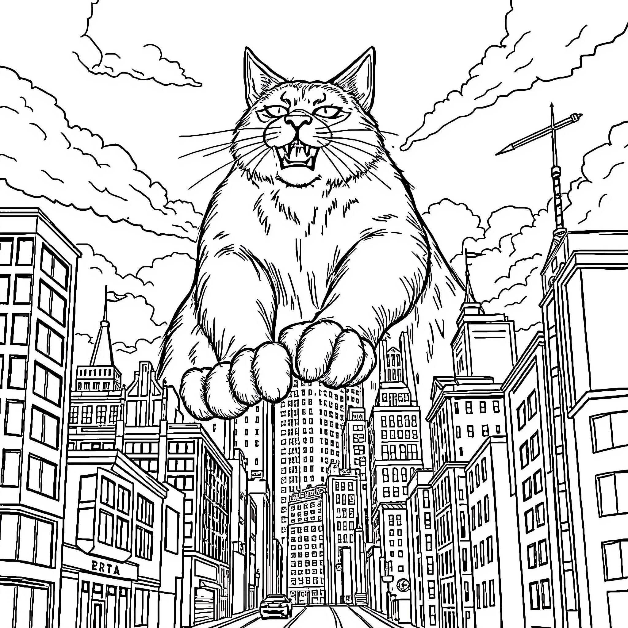 Cat Rampaging Over Cityscape Coloring Page (free black-and-white line drawing printable PDF for all, from beginners to advanced learners, including children, teens, adults, and seniors)