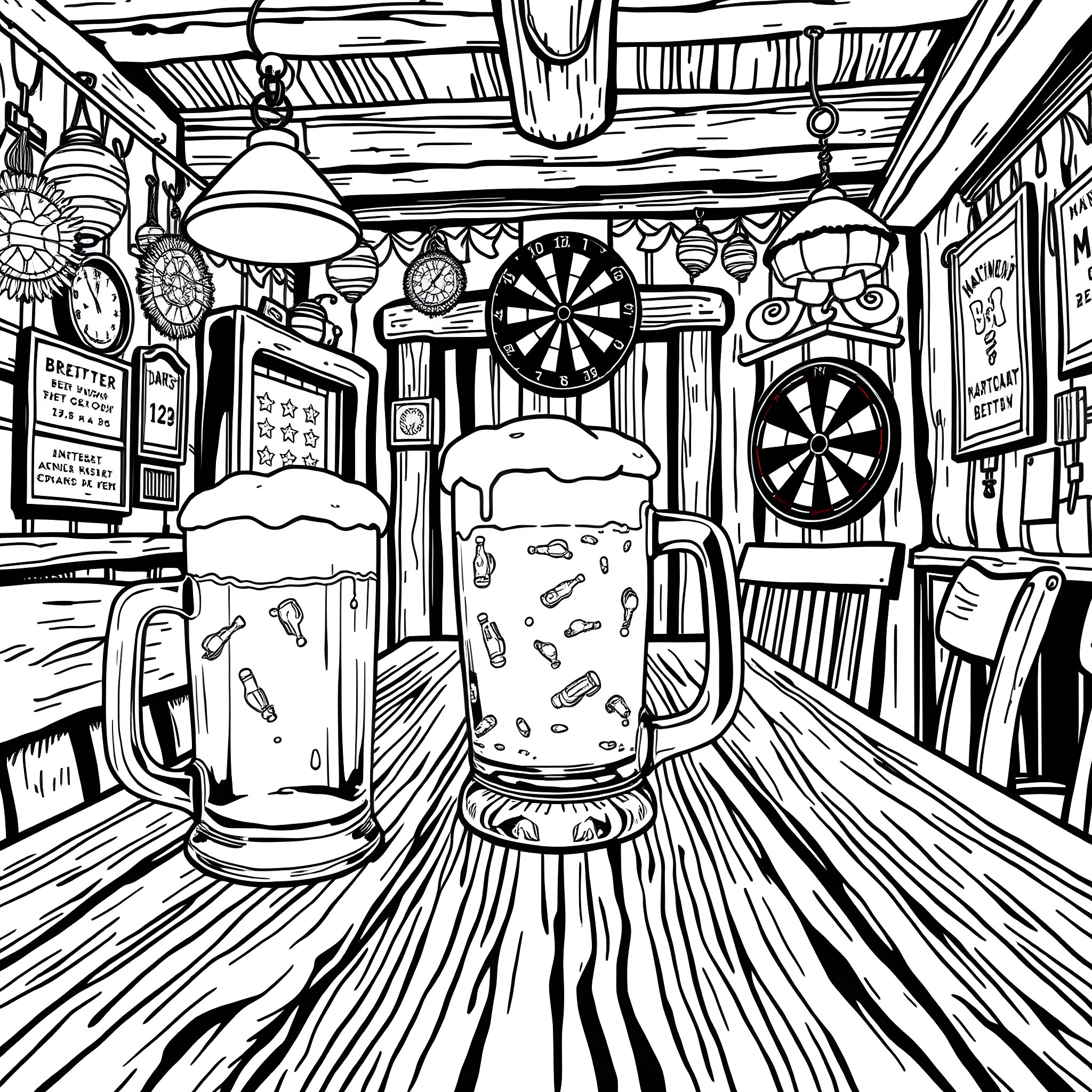 Beer-themed Fun in a Lively Bar Coloring Page (free black-and-white line drawing printable PDF for all, from beginners to advanced learners, including children, teens, adults, and seniors)