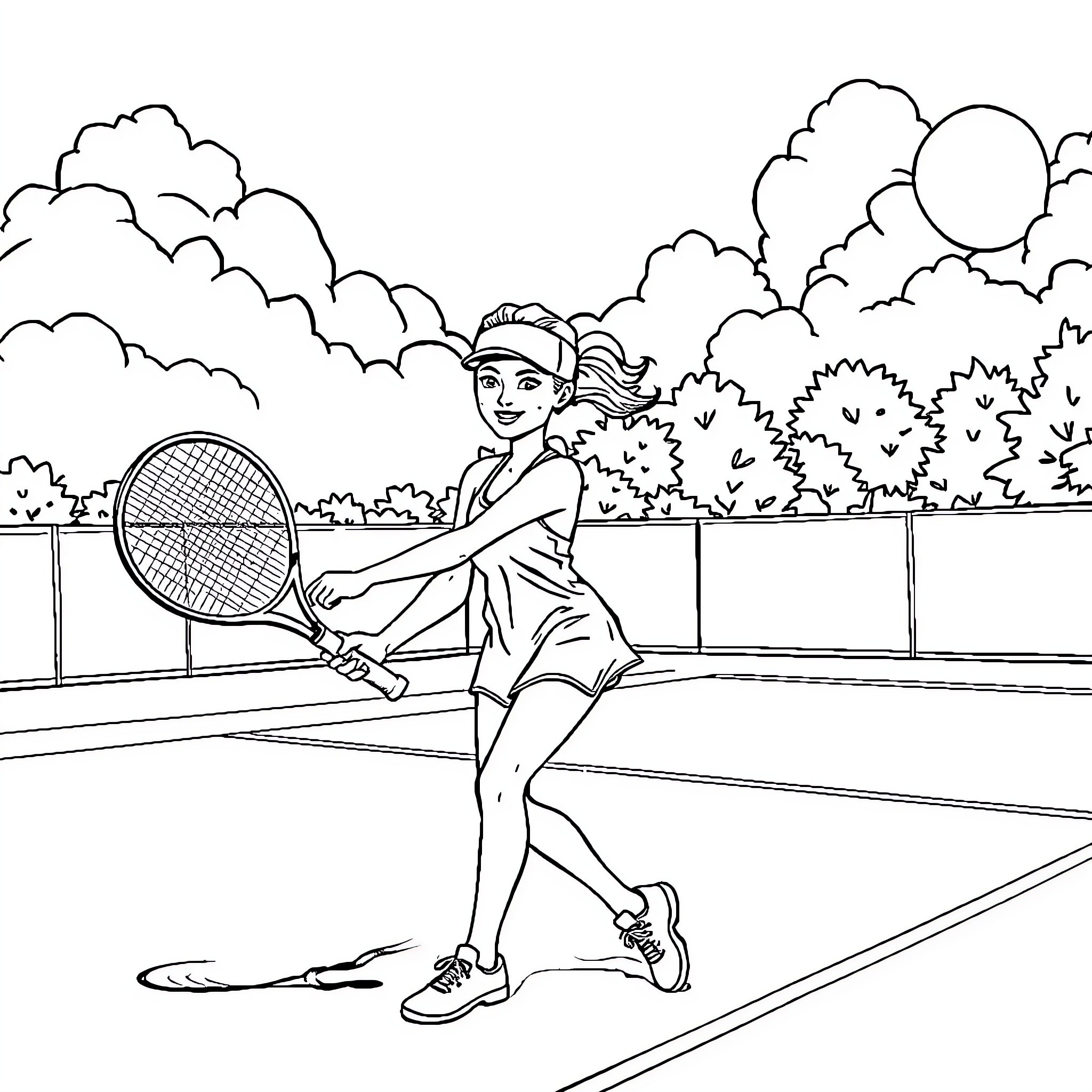 Tennis player on the court with clouds Coloring Page (free black-and-white line drawing printable PDF for all, from beginners to advanced learners, including children, teens, adults, and seniors)