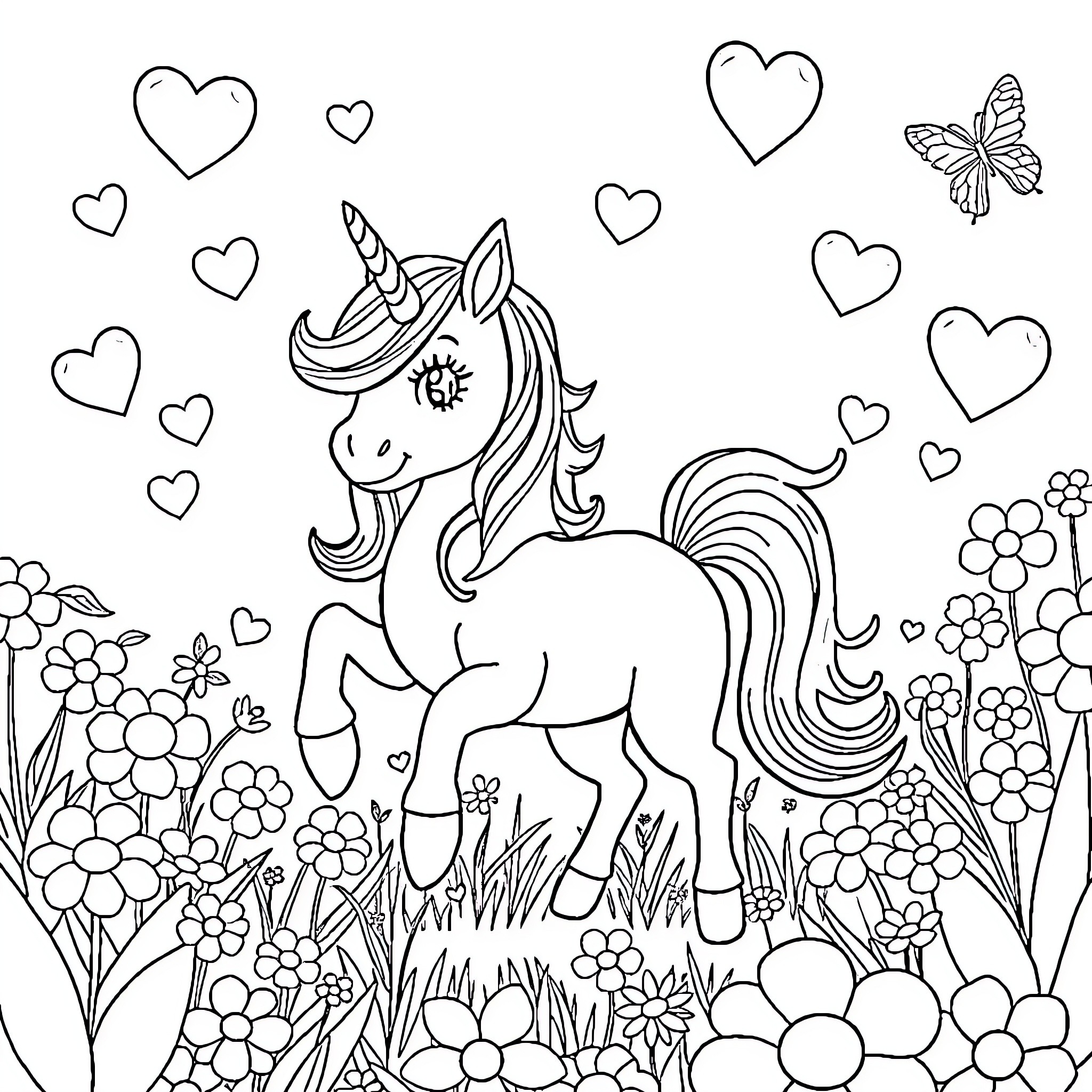 Unicorn frolicking amidst hearts and flowers Coloring Page (free black-and-white line drawing printable PDF for all, from beginners to advanced learners, including children, teens, adults, and seniors)