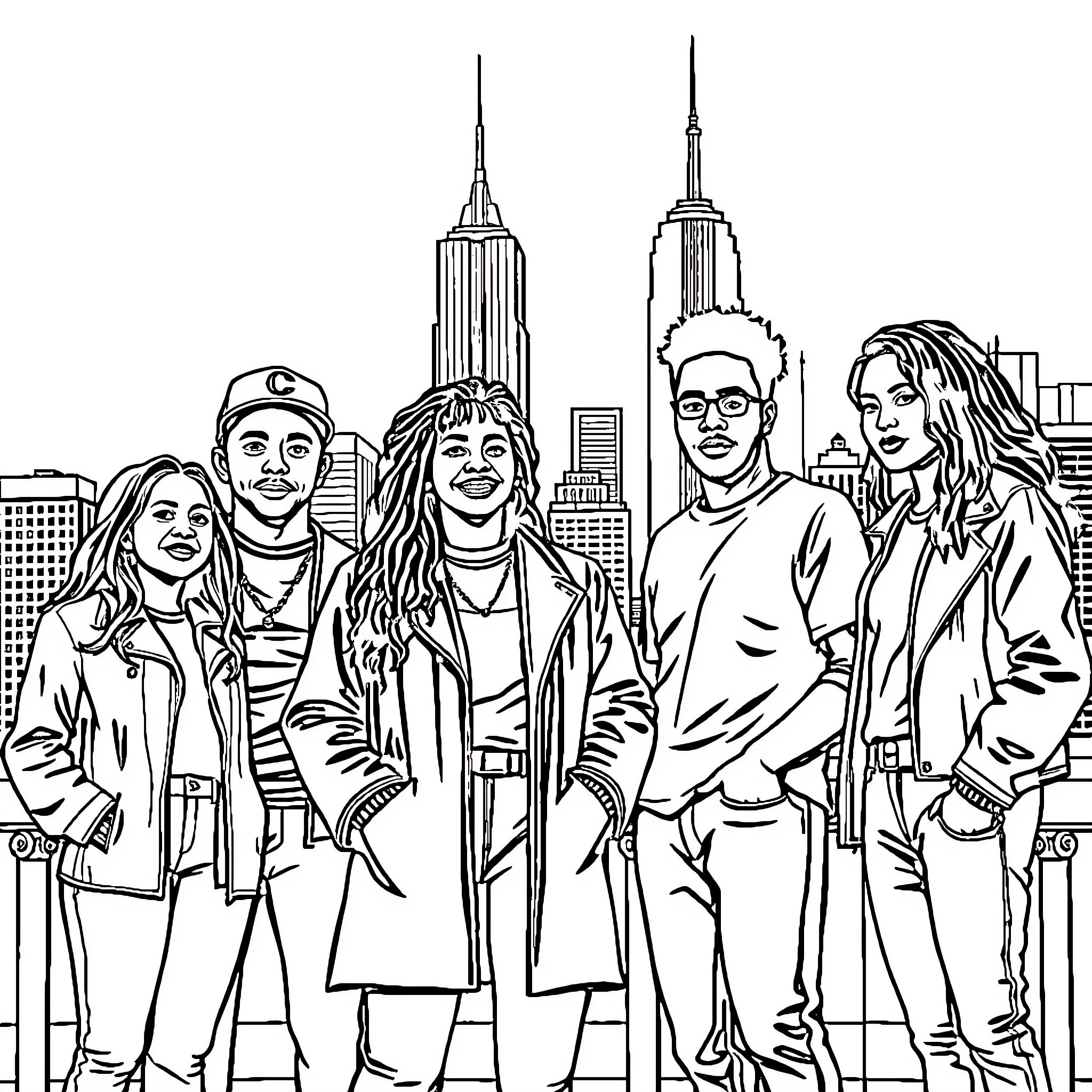 Griselda and friends explore the city skyline Coloring Page (free black-and-white line drawing printable PDF for all, from beginners to advanced learners, including children, teens, adults, and seniors)