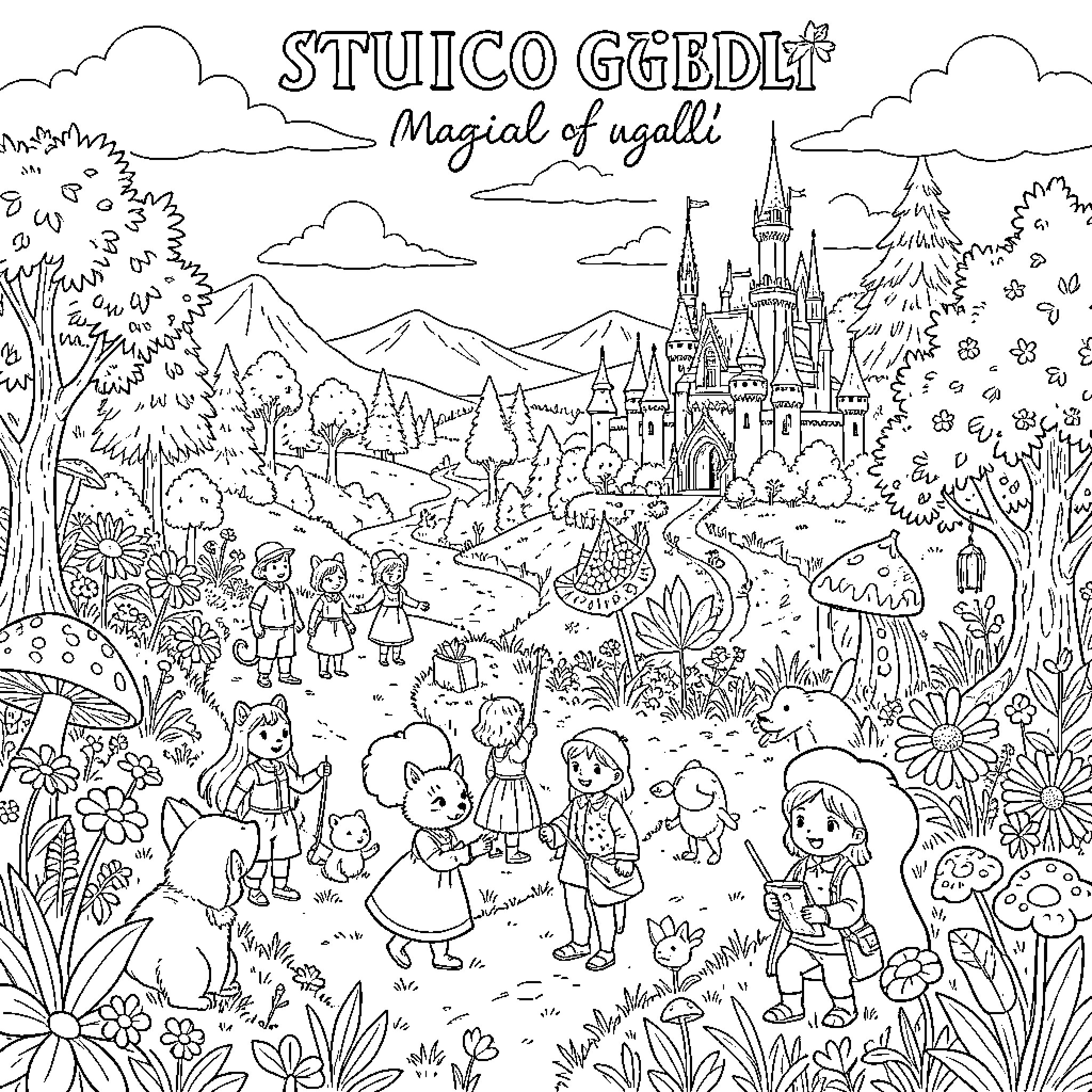 Studio Ghibli characters exploring a whimsical landscape Coloring Page (free black-and-white line drawing printable PDF for all, from beginners to advanced learners, including children, teens, adults, and seniors)