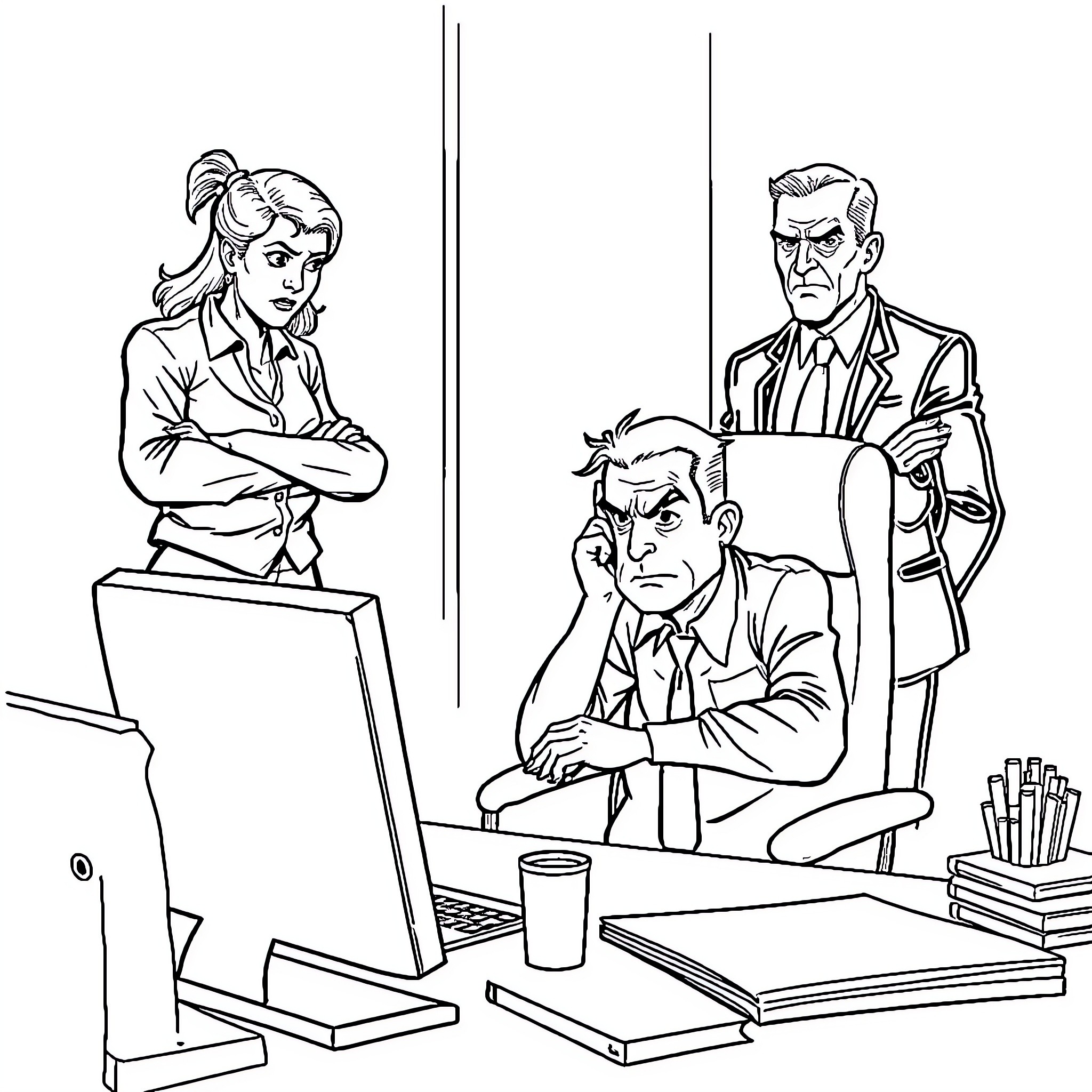 Person working diligently in office environment Coloring Page (free black-and-white line drawing printable PDF for all, from beginners to advanced learners, including children, teens, adults, and seniors)
