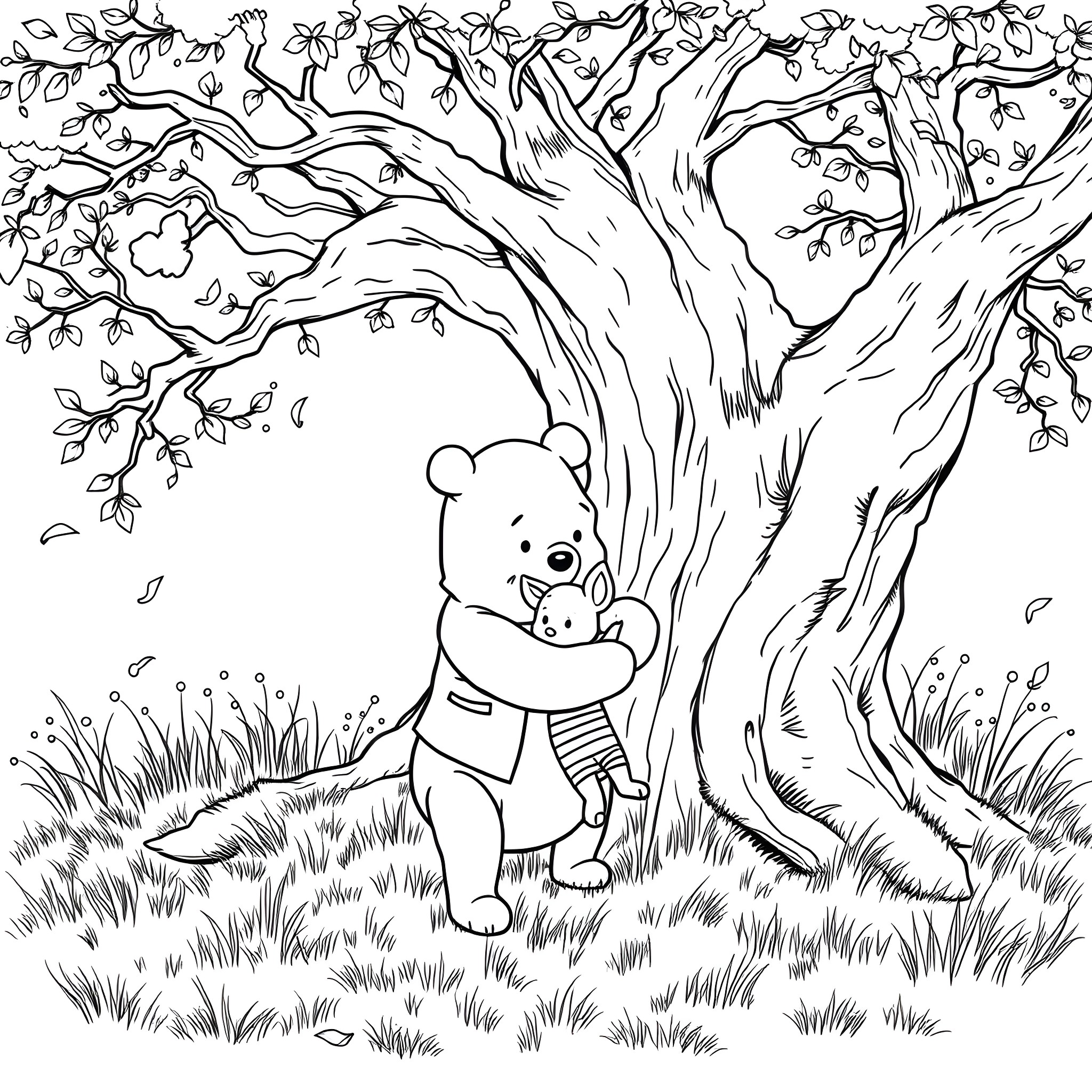 Winnie The Pooh enjoying nature with little friend Coloring Page (free black-and-white line drawing printable PDF for all, from beginners to advanced learners, including children, teens, adults, and seniors)
