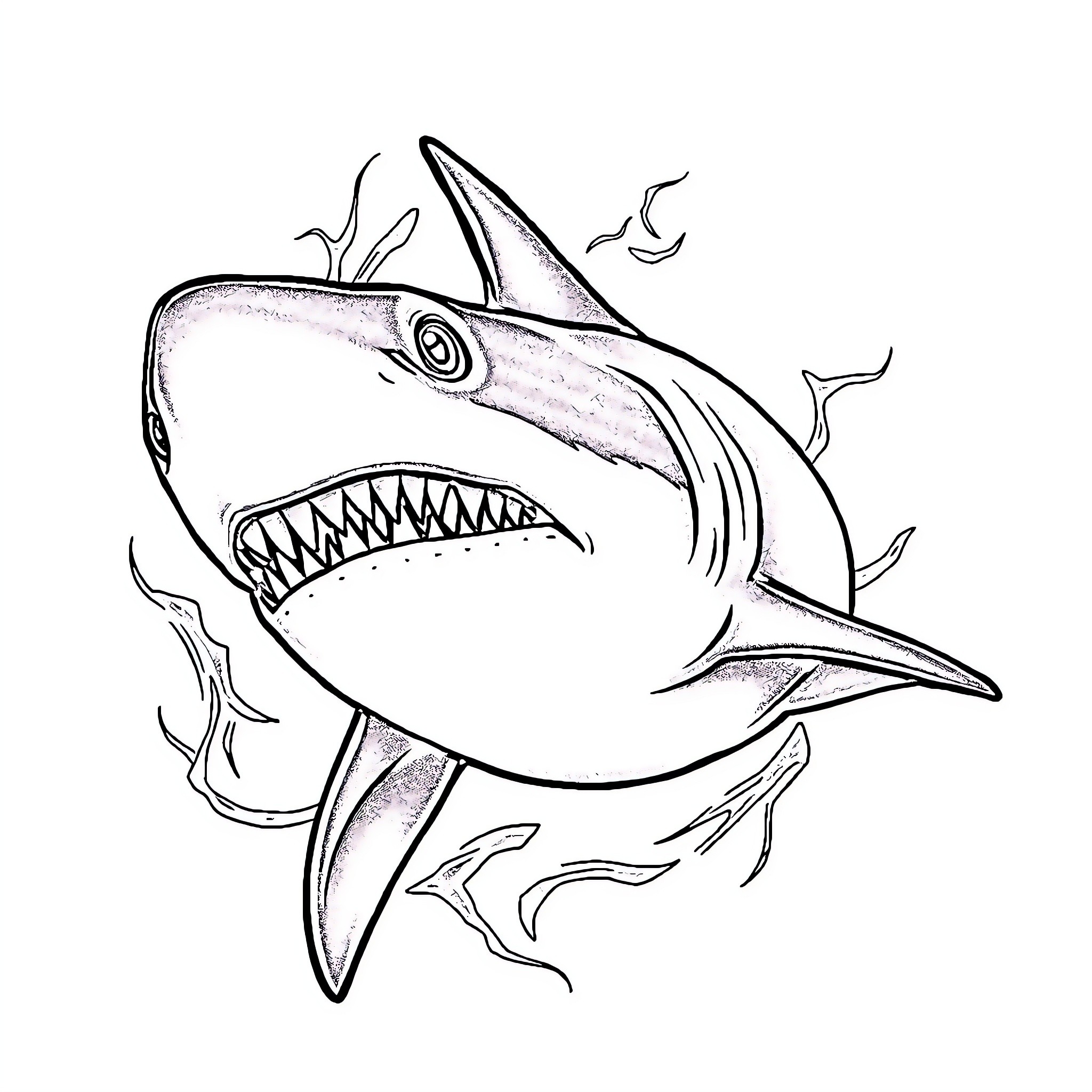 Shark attacking with fierce open mouth Coloring Page (free black-and-white line drawing printable PDF for all, from beginners to advanced learners, including children, teens, adults, and seniors)