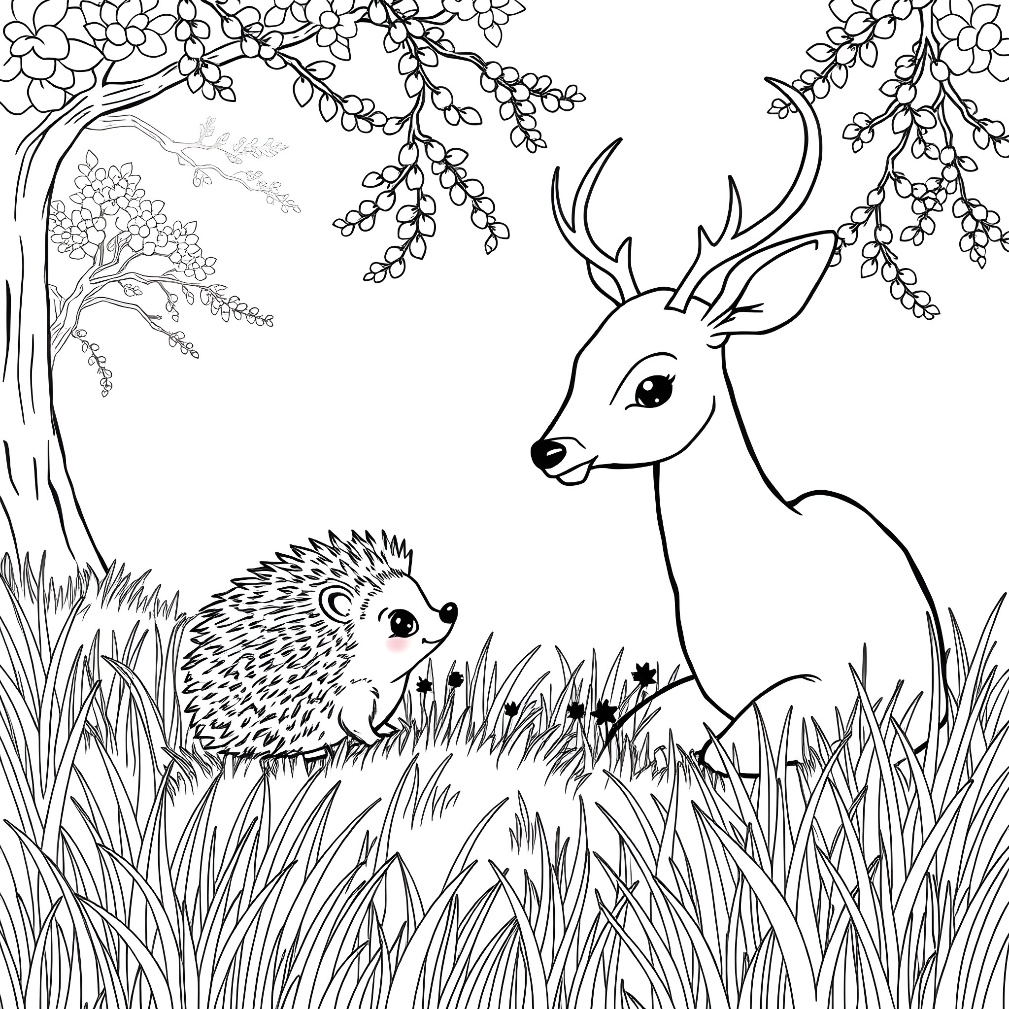 Hedgehog and deer in a flower garden Coloring Page (free black-and-white line drawing printable PDF for all, from beginners to advanced learners, including children, teens, adults, and seniors)