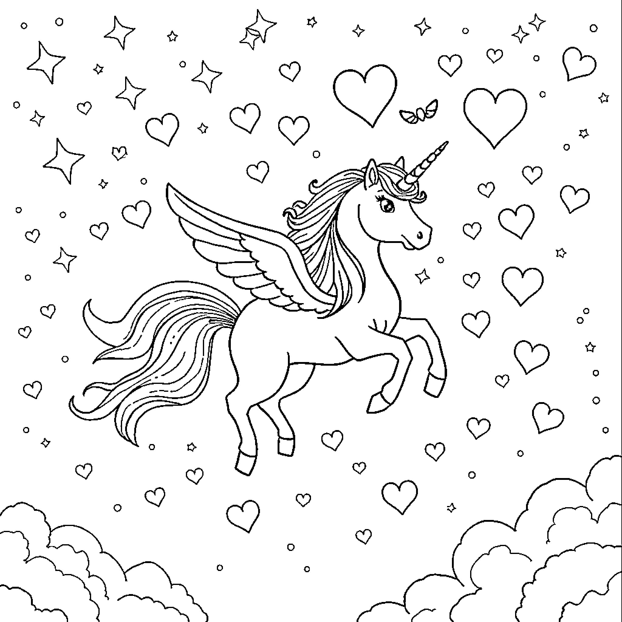 Unicorn soaring through a whimsical sky Coloring Page (free black-and-white line drawing printable PDF for all, from beginners to advanced learners, including children, teens, adults, and seniors)
