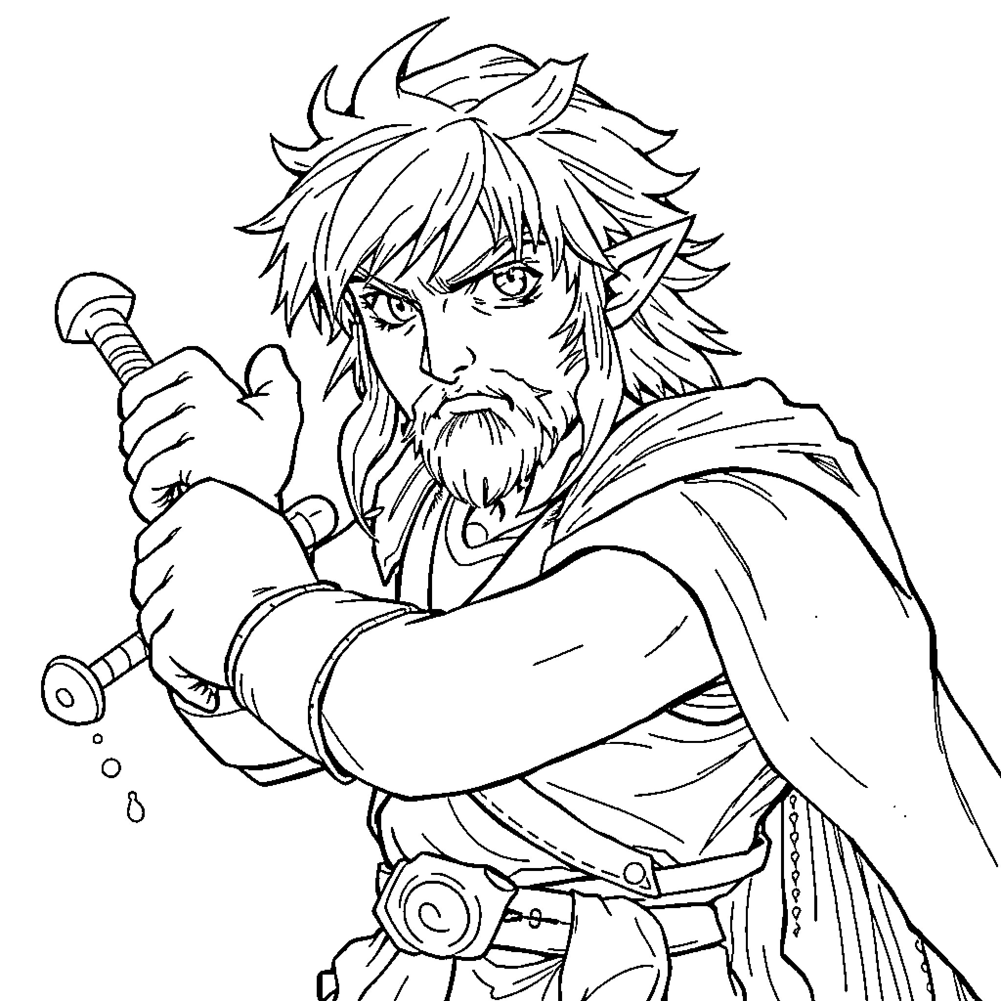 Meliodas, the Fierce Swordsman in Action Coloring Page (free black-and-white line drawing printable PDF for all, from beginners to advanced learners, including children, teens, adults, and seniors)