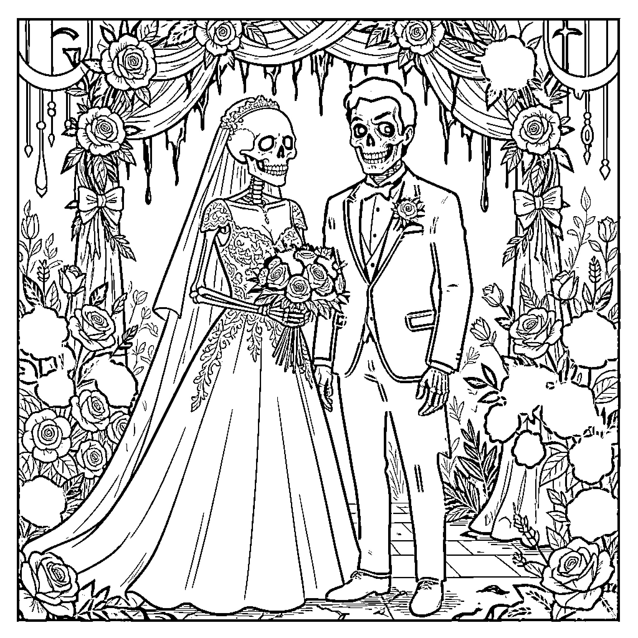 Skeleton Couple at Floral Wedding Ceremony Coloring Page (free black-and-white line drawing printable PDF for all, from beginners to advanced learners, including children, teens, adults, and seniors)