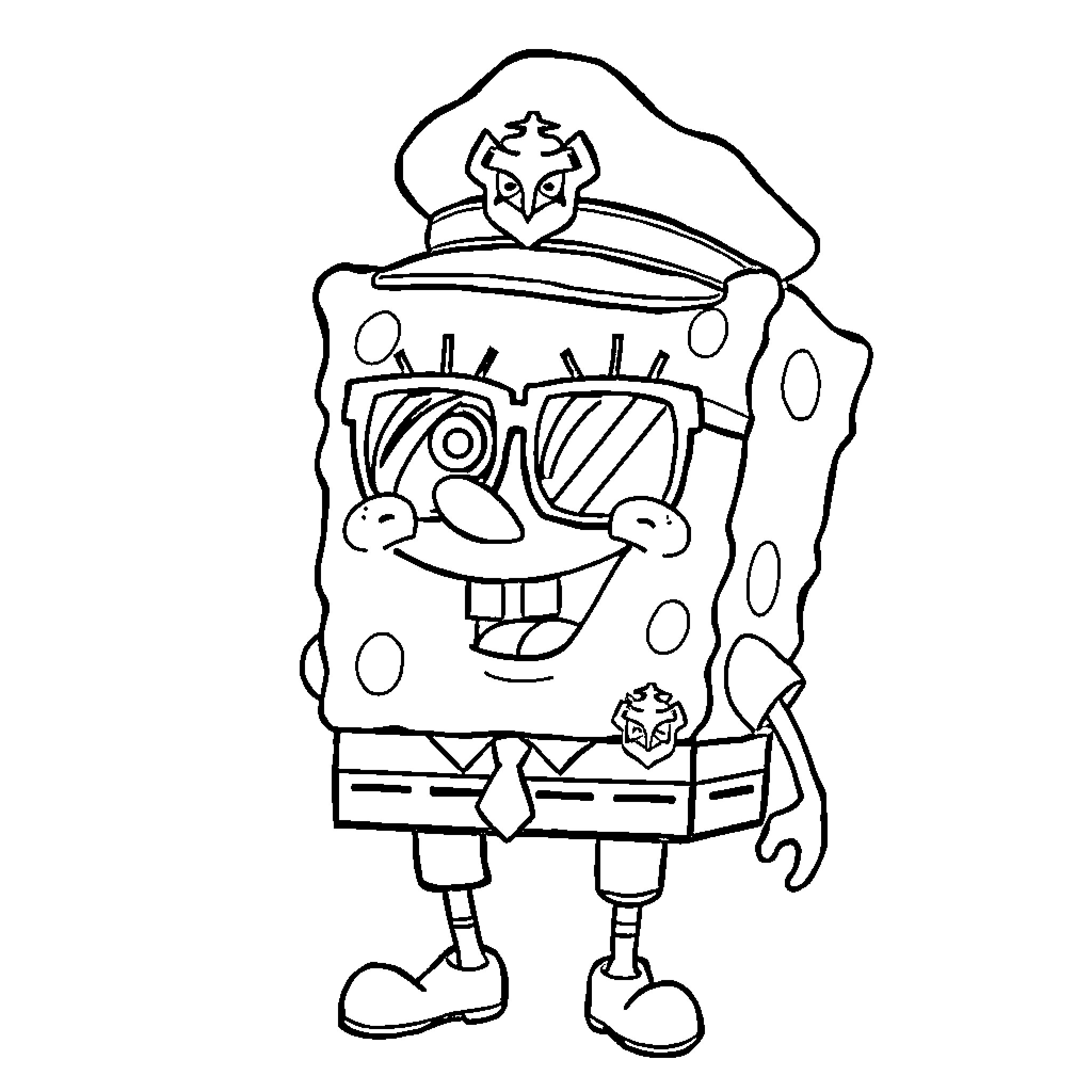 Spongebob as a ship captain in uniform Coloring Page (free black-and-white line drawing printable PDF for all, from beginners to advanced learners, including children, teens, adults, and seniors)