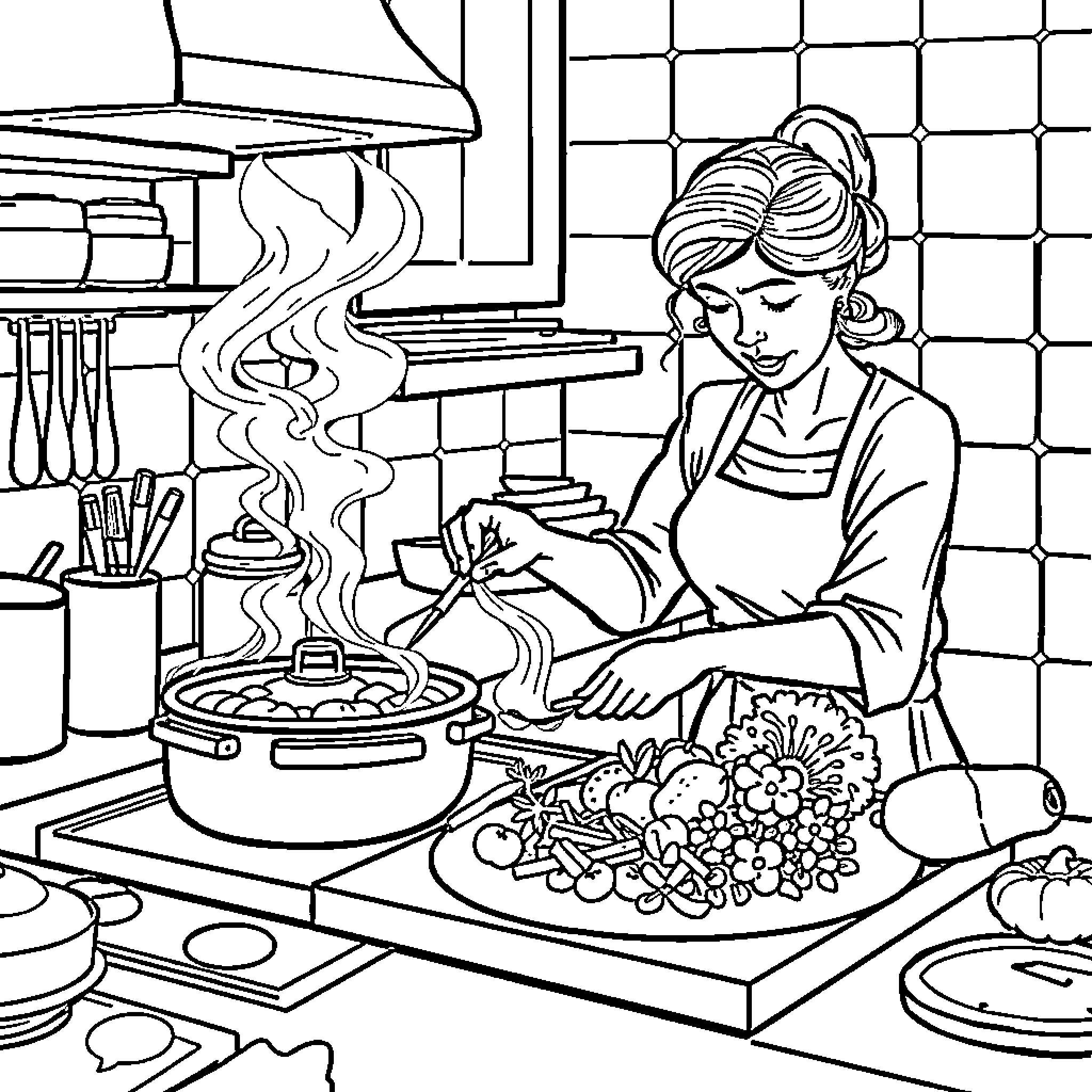 Mama Cooking a Tasty Meal in the Kitchen Coloring Page (free black-and-white line drawing printable PDF for all, from beginners to advanced learners, including children, teens, adults, and seniors)