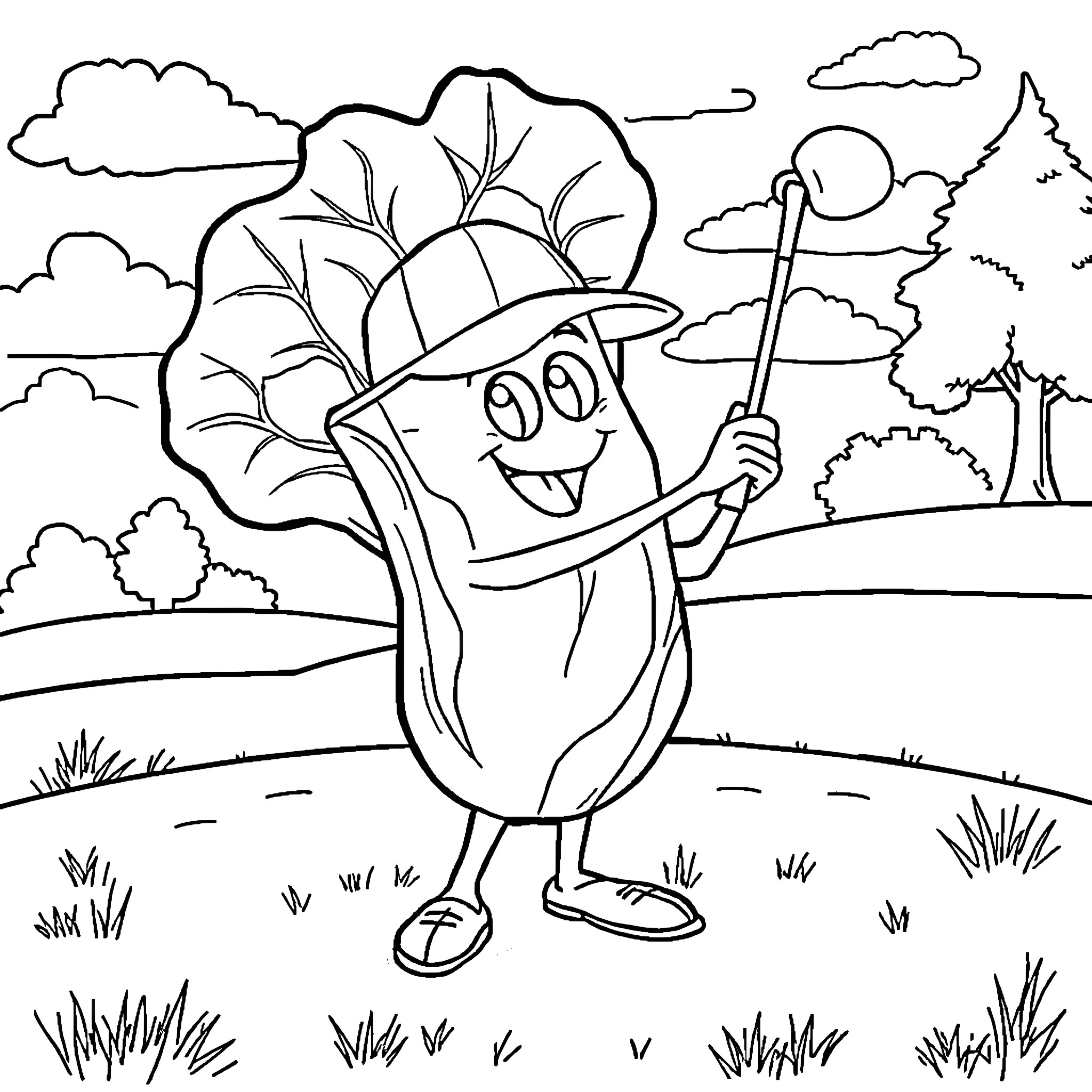 Cabbage character exploring the outdoors with a shovel Coloring Page (free black-and-white line drawing printable PDF for all, from beginners to advanced learners, including children, teens, adults, and seniors)