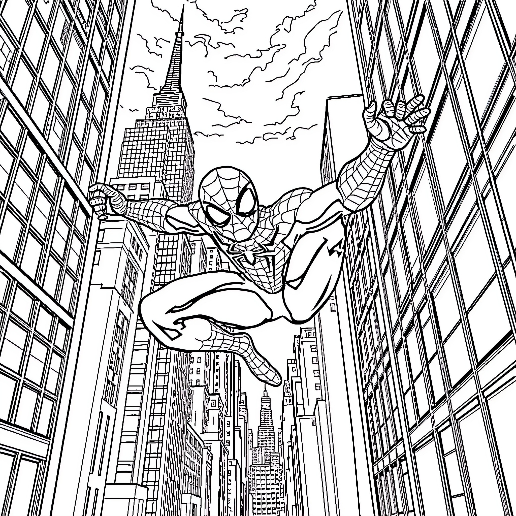 Spiderman swinging through the city skyline Coloring Page (free black-and-white line drawing printable PDF for all, from beginners to advanced learners, including children, teens, adults, and seniors)