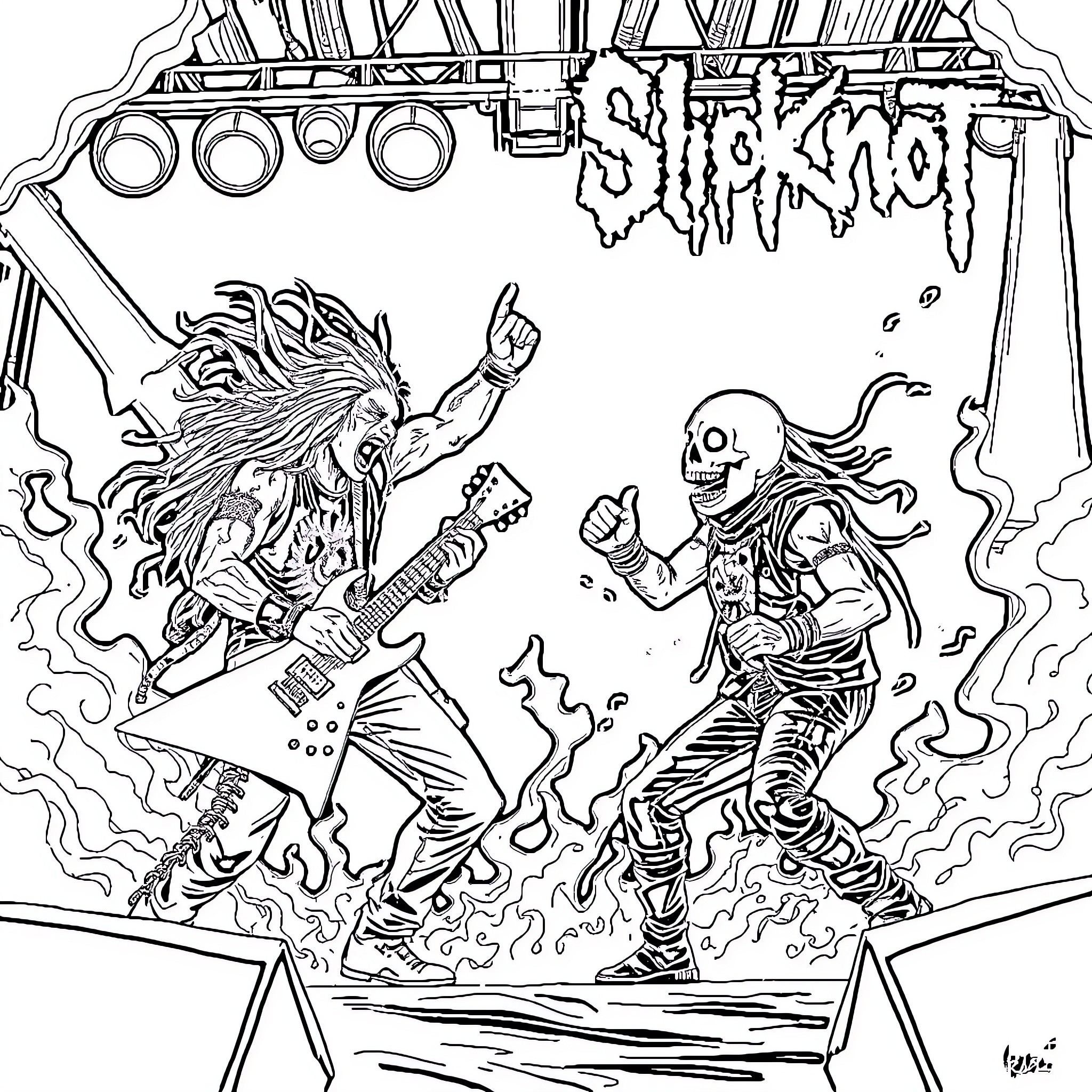 Band performing on stage with energetic musicians Coloring Page (free black-and-white line drawing printable PDF for all, from beginners to advanced learners, including children, teens, adults, and seniors)