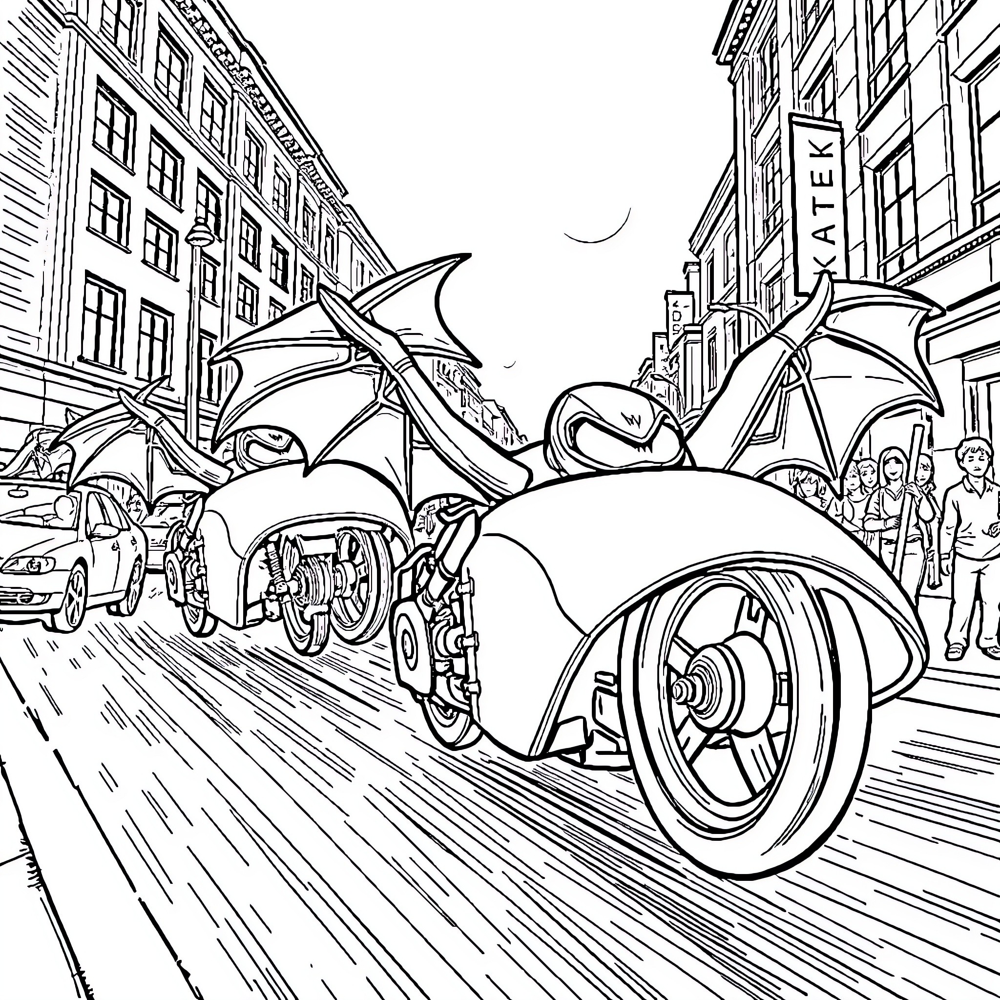 Batwheels zooming through the city streets Coloring Page (free black-and-white line drawing printable PDF for all, from beginners to advanced learners, including children, teens, adults, and seniors)