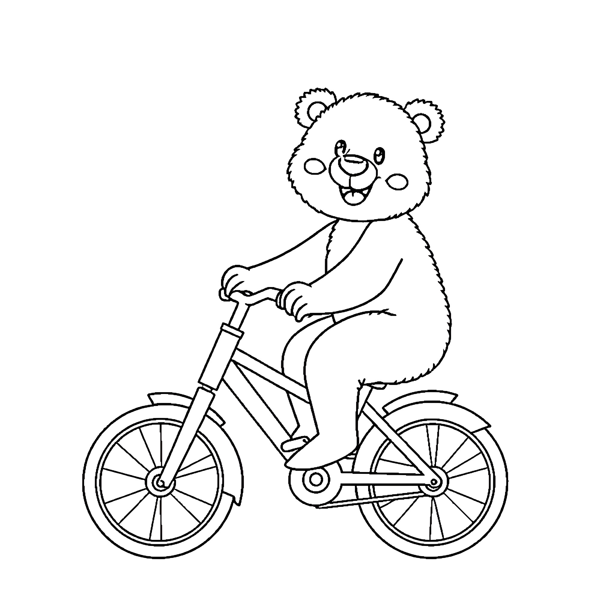 Bear riding a bicycle happily Coloring Page (free black-and-white line drawing printable PDF for all, from beginners to advanced learners, including children, teens, adults, and seniors)