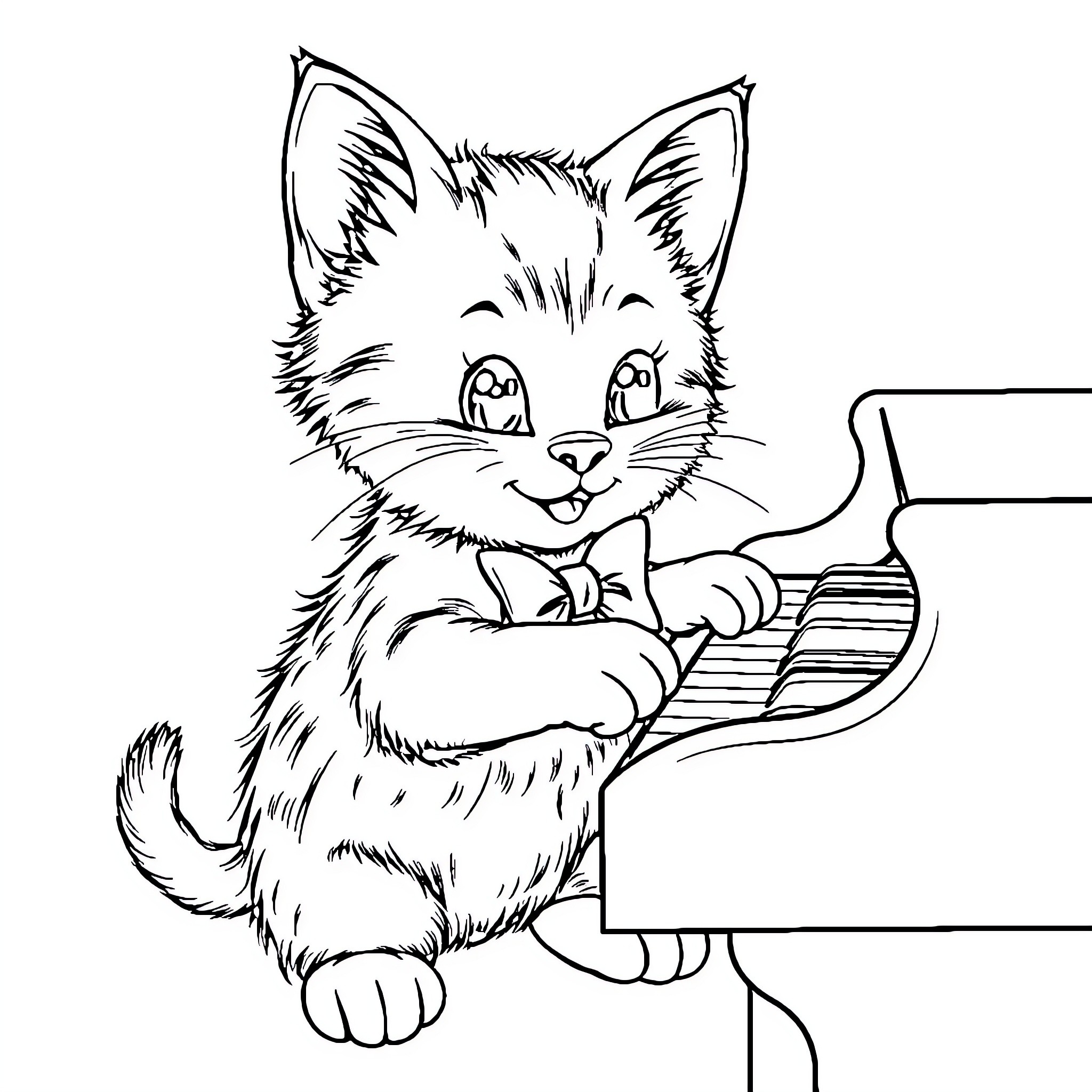 Kitten playing with a toy Coloring Page (free black-and-white line drawing printable PDF for all, from beginners to advanced learners, including children, teens, adults, and seniors)