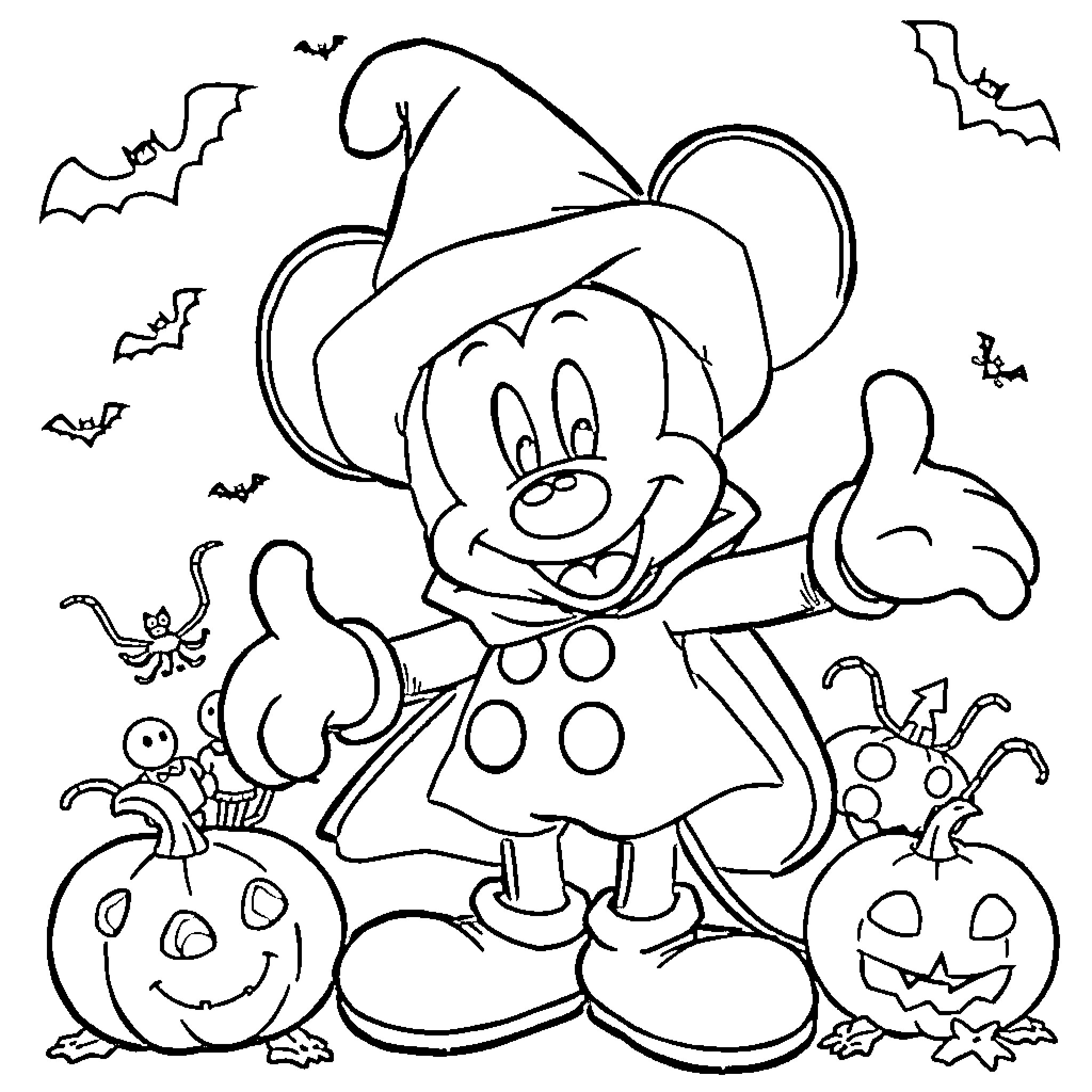 Mickey's Spooky Halloween Adventure Coloring Page (free black-and-white line drawing printable PDF for all, from beginners to advanced learners, including children, teens, adults, and seniors)