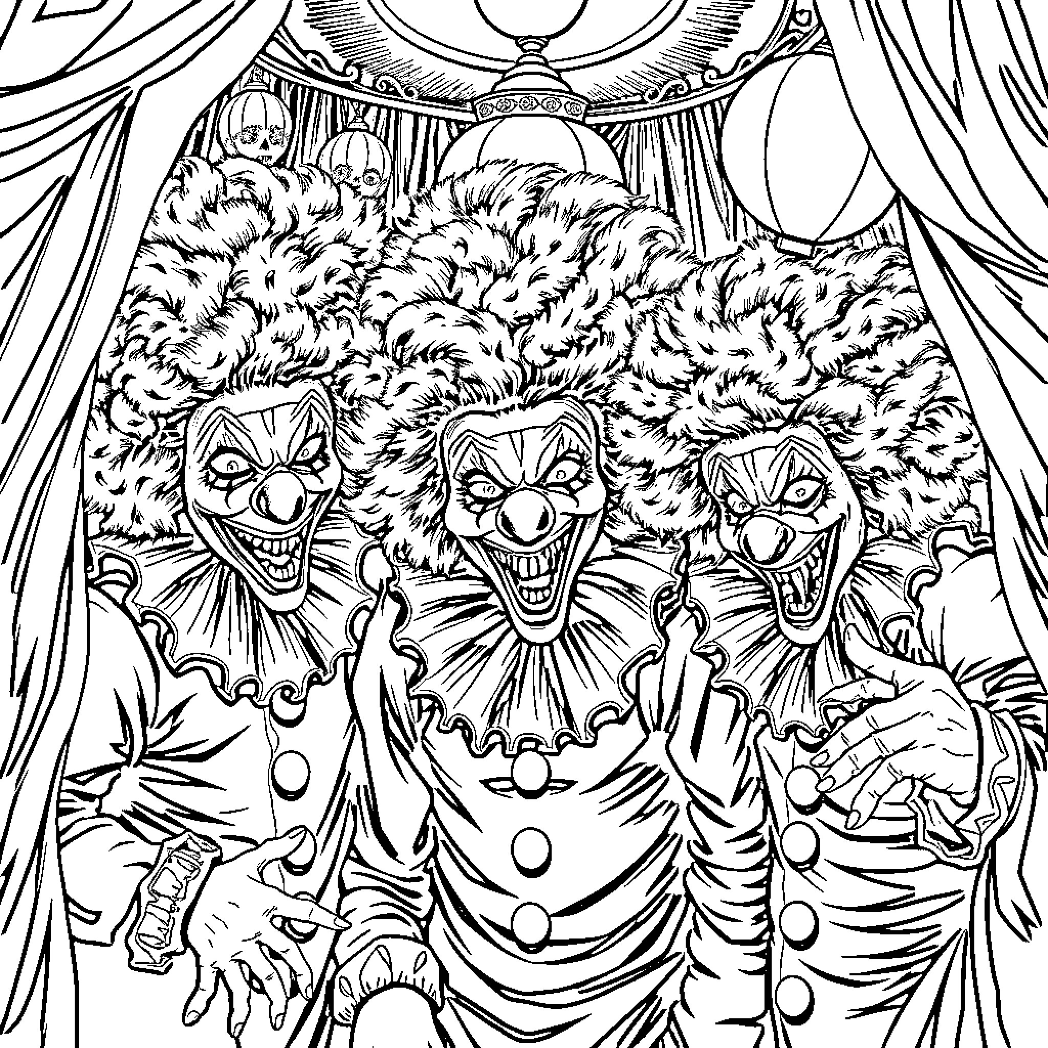 Clown Trio Performing with Exaggerated Expressions Coloring Page (free black-and-white line drawing printable PDF for all, from beginners to advanced learners, including children, teens, adults, and seniors)