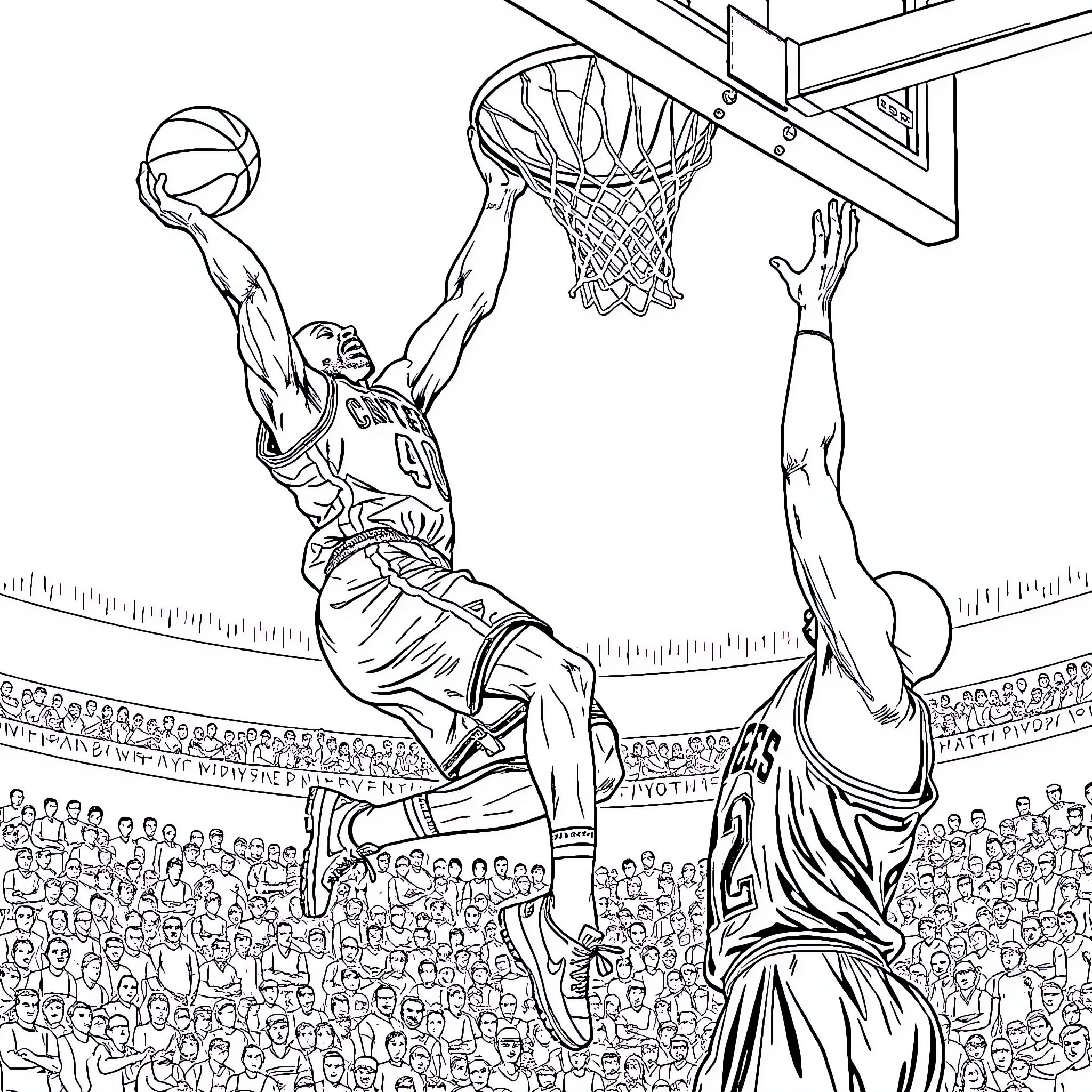 Vince Carter's Slam Dunk Performance in the Arena Coloring Page (free black-and-white line drawing printable PDF for all, from beginners to advanced learners, including children, teens, adults, and seniors)