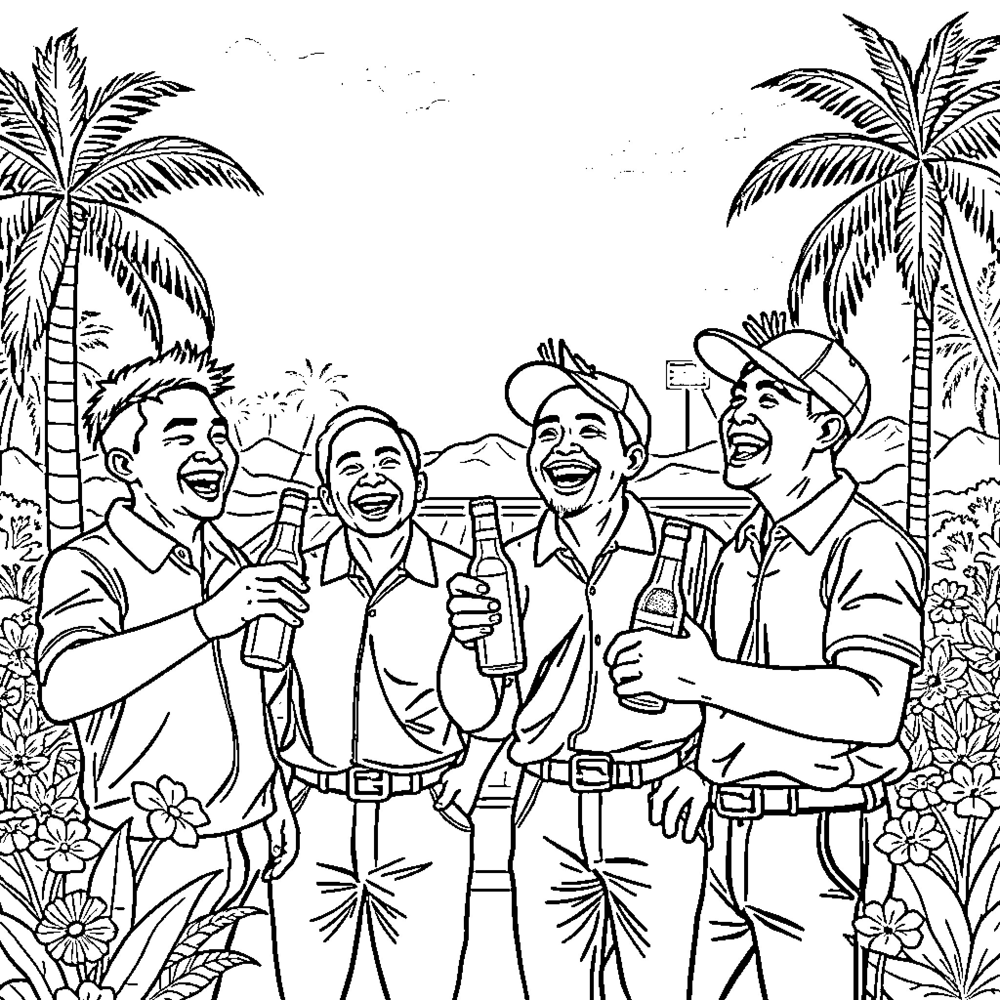 Guy friends celebrating outdoors on a tropical vacation Coloring Page (free black-and-white line drawing printable PDF for all, from beginners to advanced learners, including children, teens, adults, and seniors)