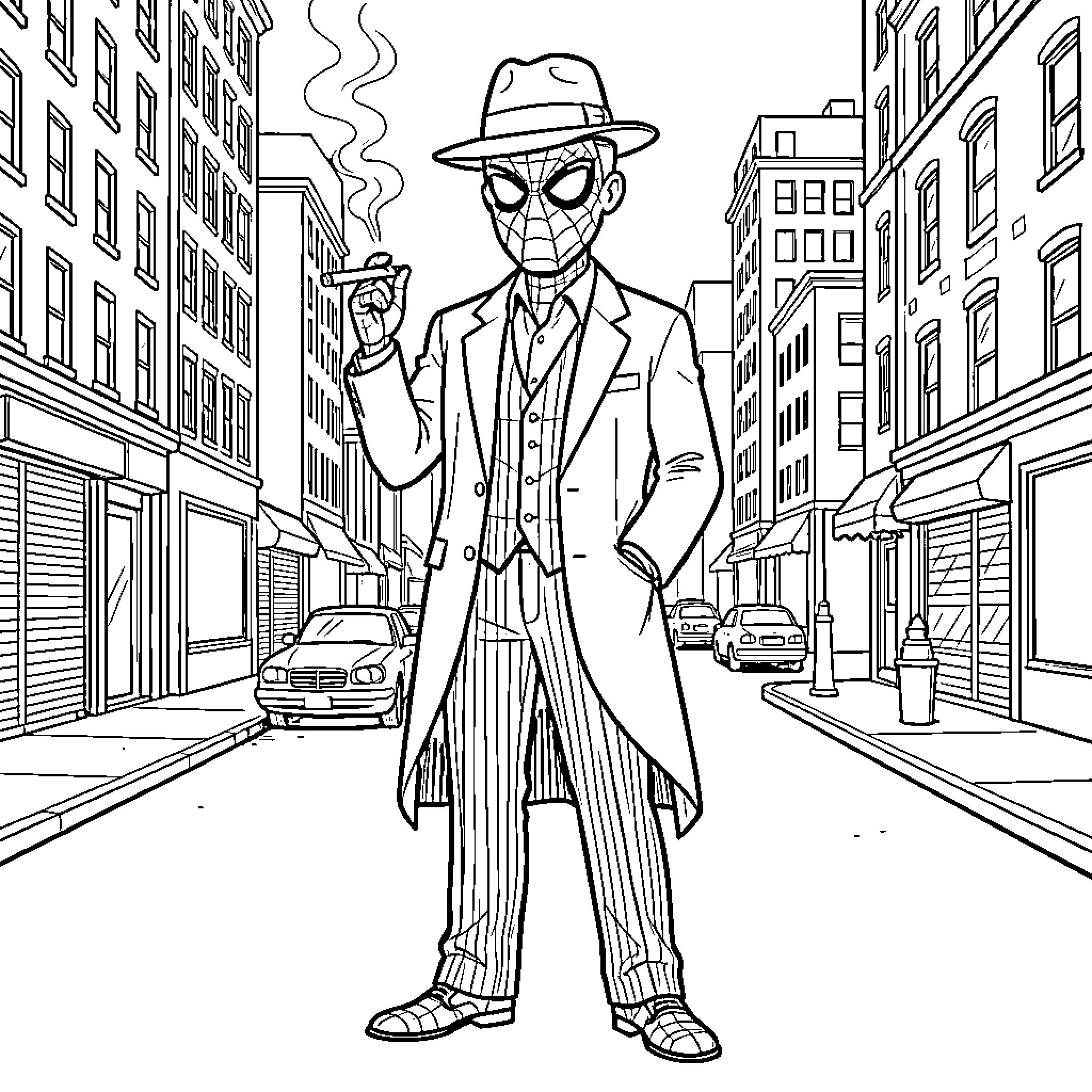 Spider-Man wearing a suit and hat on a street Coloring Page (free black-and-white line drawing printable PDF for all, from beginners to advanced learners, including children, teens, adults, and seniors)