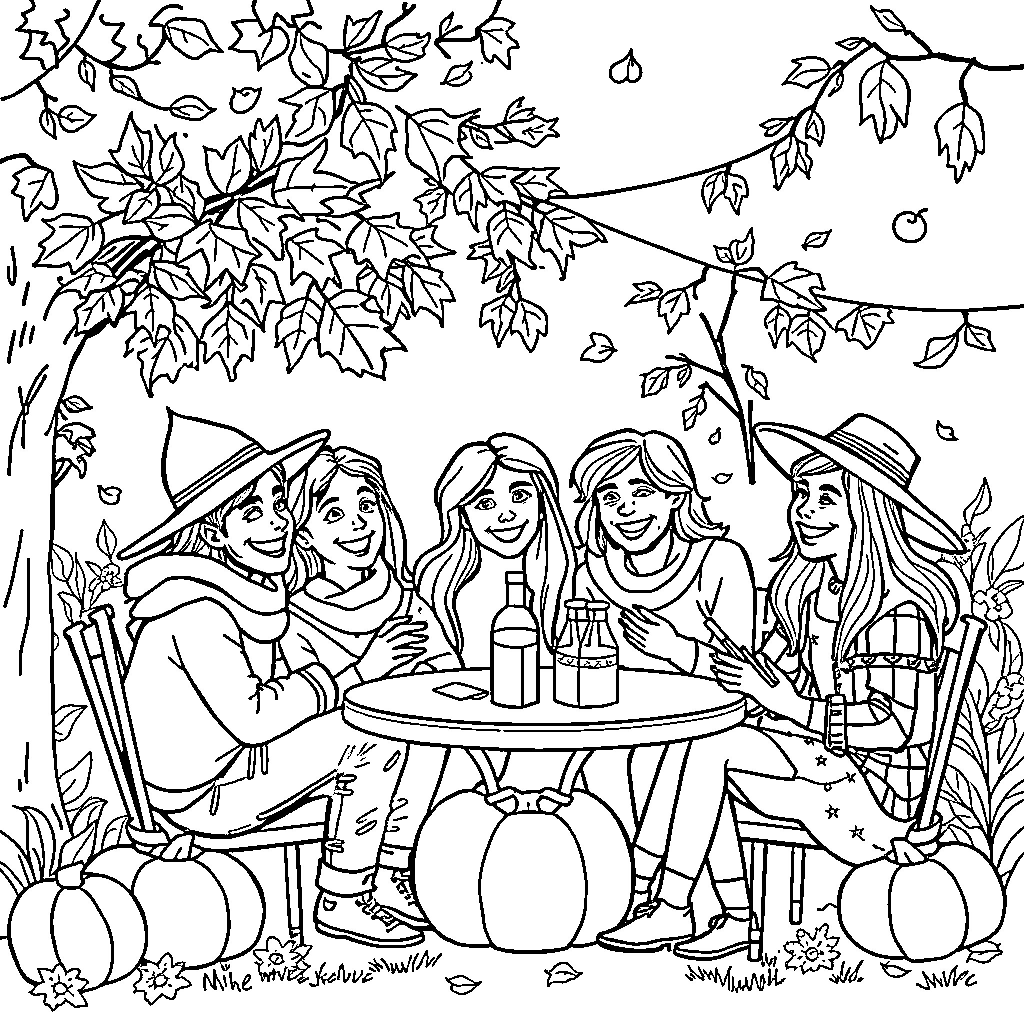 Fall friends gathering outdoors in nature Coloring Page (free black-and-white line drawing printable PDF for all, from beginners to advanced learners, including children, teens, adults, and seniors)