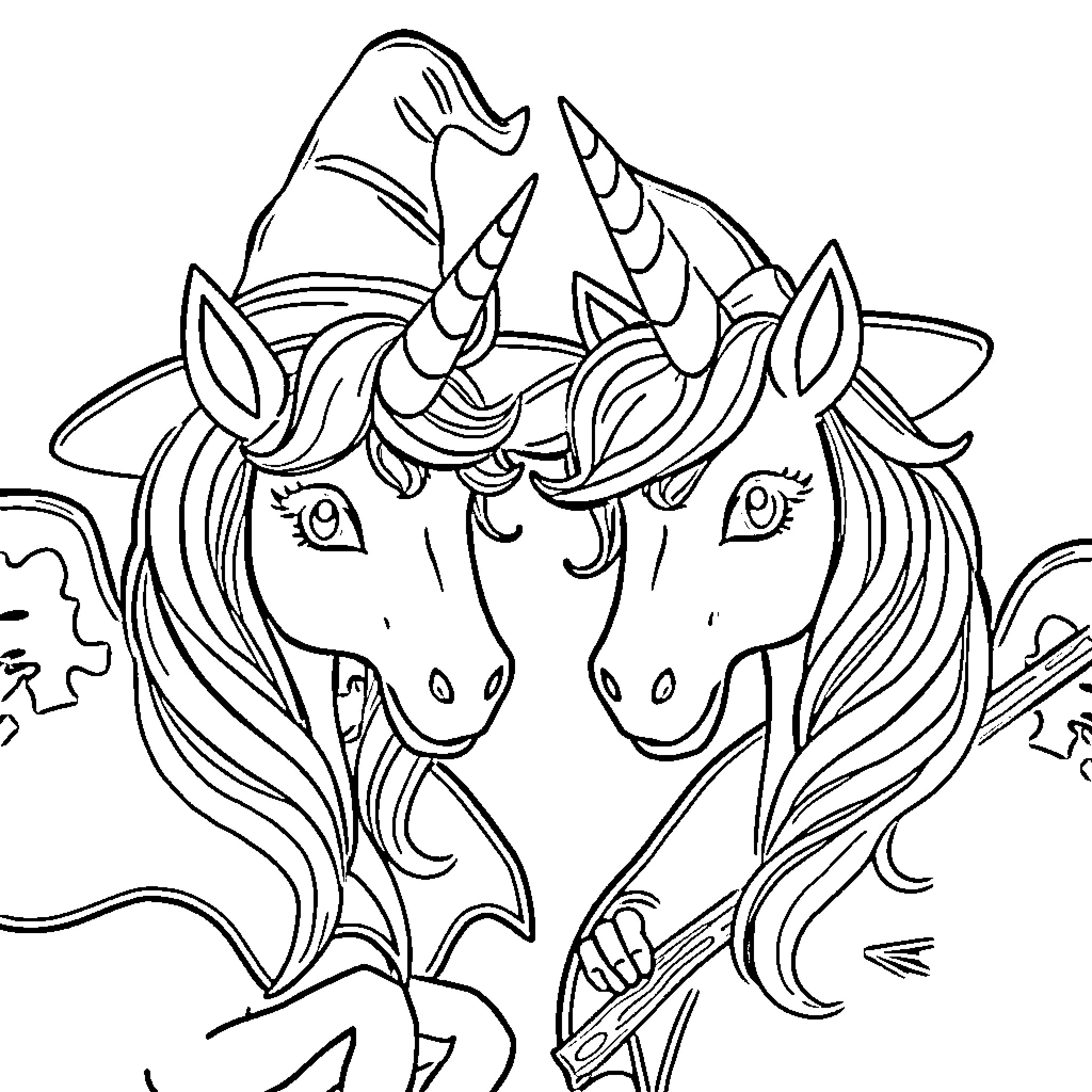Unicorn pair with elaborate headpieces and ornate designs Coloring Page (free black-and-white line drawing printable PDF for all, from beginners to advanced learners, including children, teens, adults, and seniors)