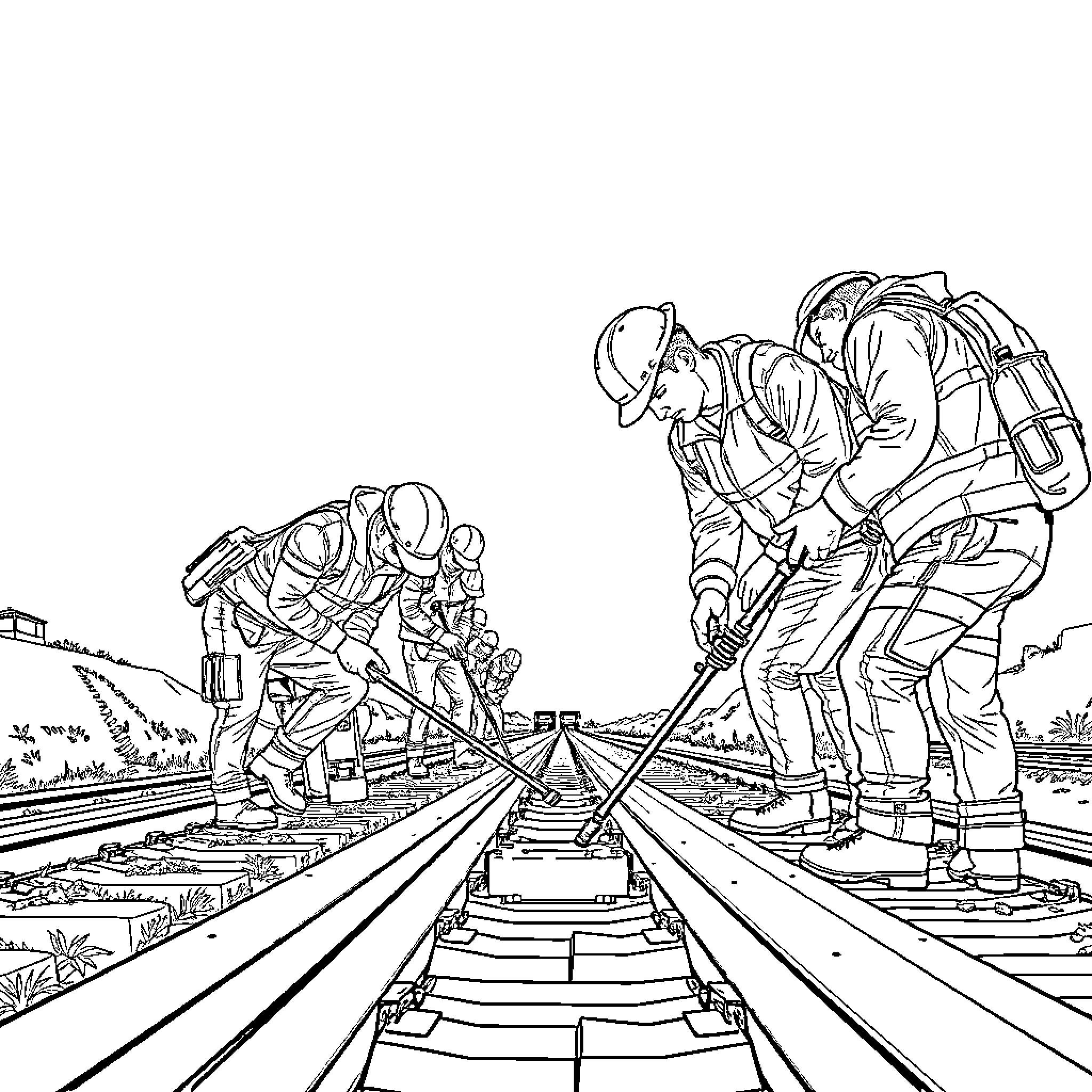 Technicians Inspecting and Repairing Railway Tracks Coloring Page (free black-and-white line drawing printable PDF for all, from beginners to advanced learners, including children, teens, adults, and seniors)