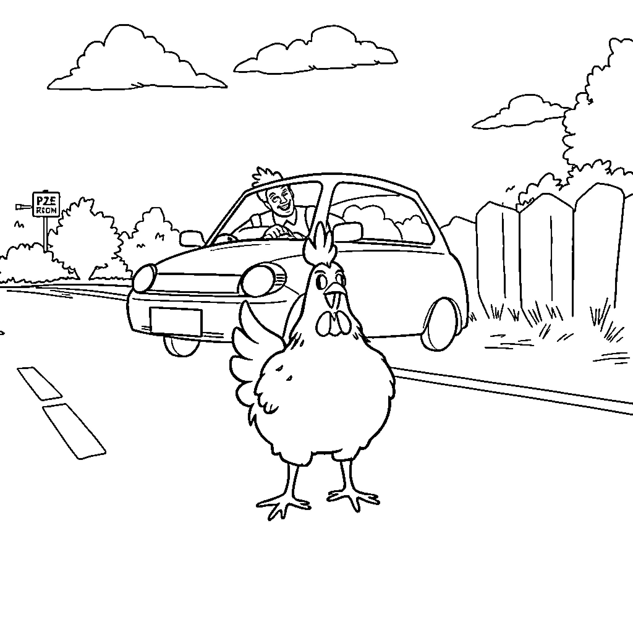 Chicken crossing the road with a driver Coloring Page (free black-and-white line drawing printable PDF for all, from beginners to advanced learners, including children, teens, adults, and seniors)