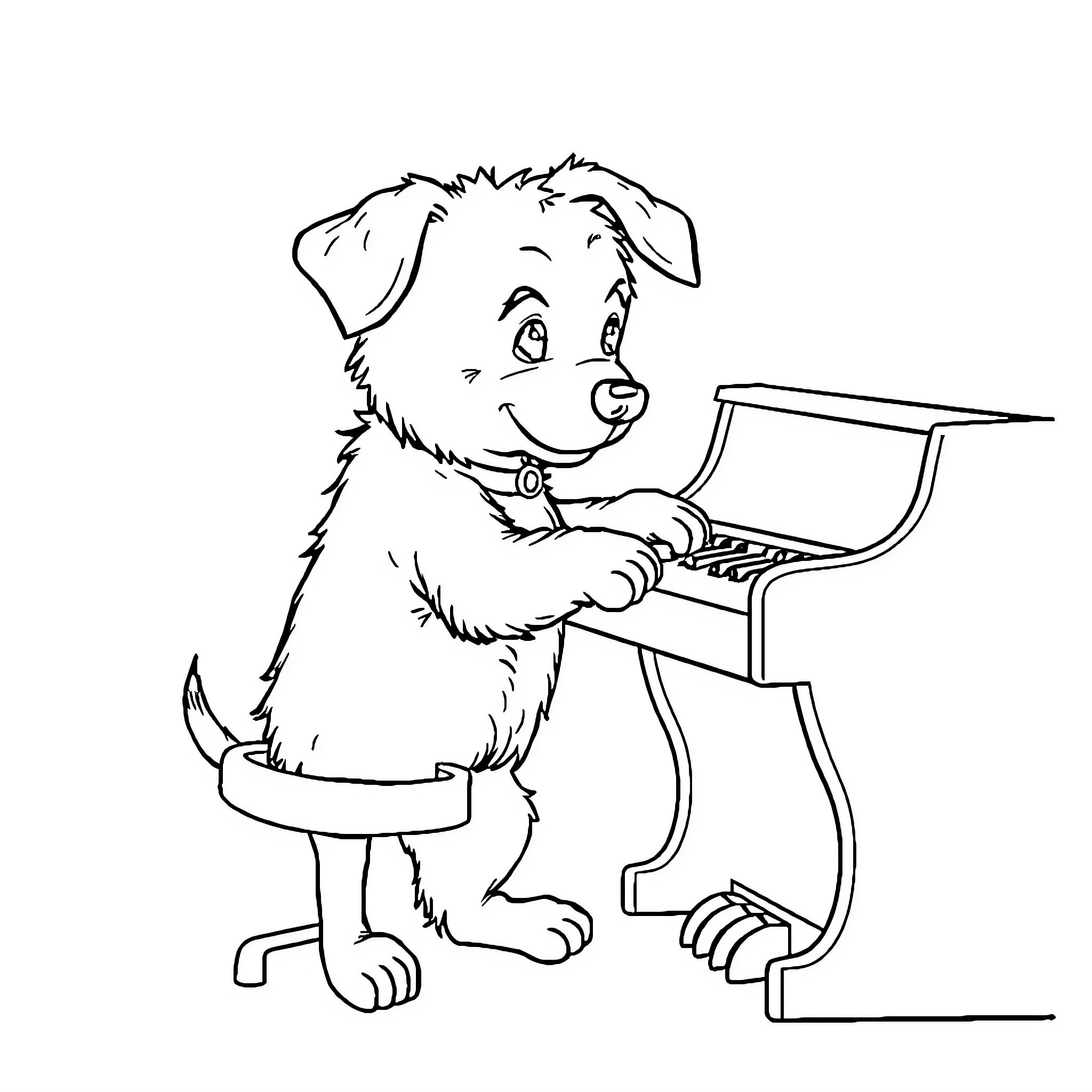 Dog playing piano happily Coloring Page (free black-and-white line drawing printable PDF for all, from beginners to advanced learners, including children, teens, adults, and seniors)