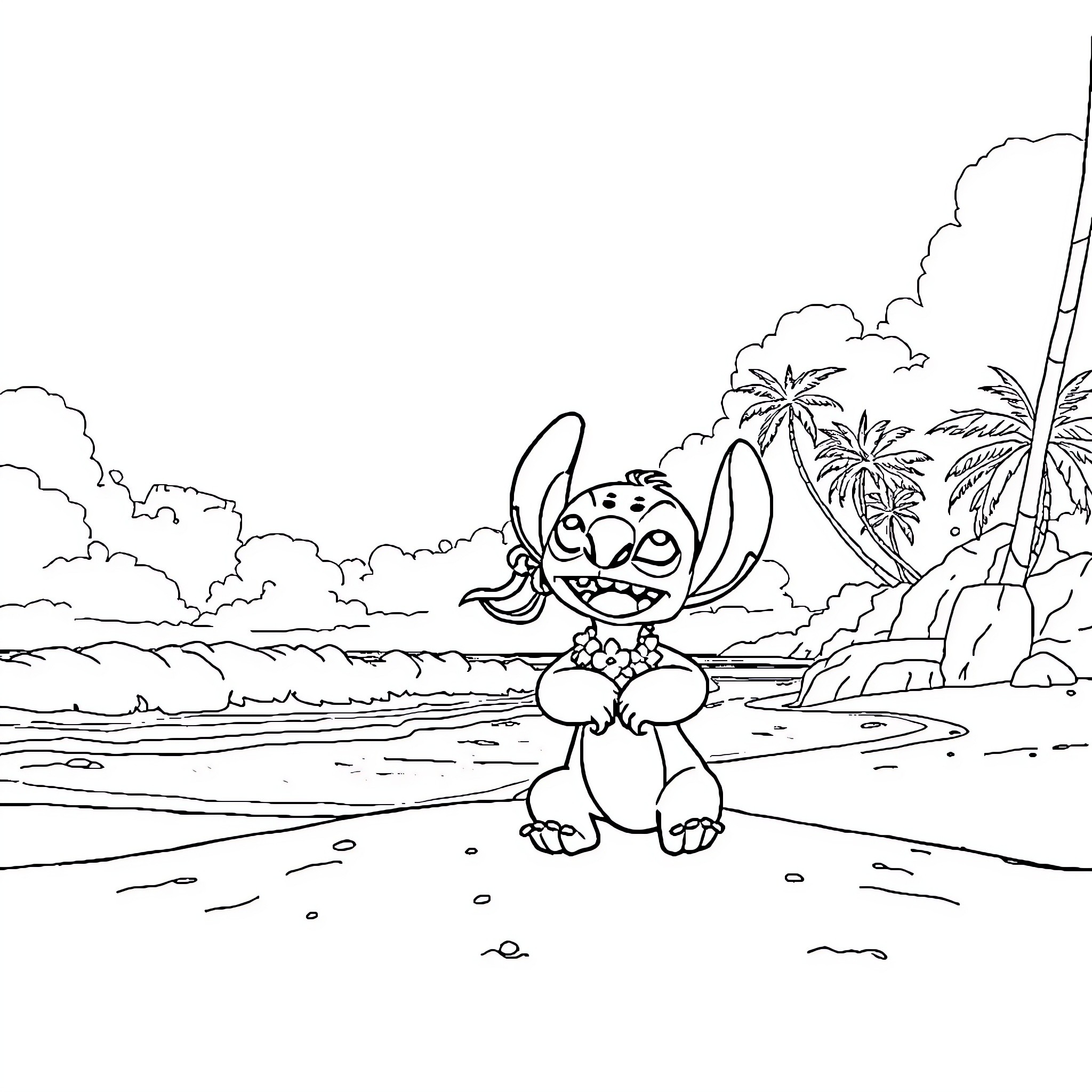 Lilo And Stitch enjoying a tropical beach scene Coloring Page (free black-and-white line drawing printable PDF for all, from beginners to advanced learners, including children, teens, adults, and seniors)