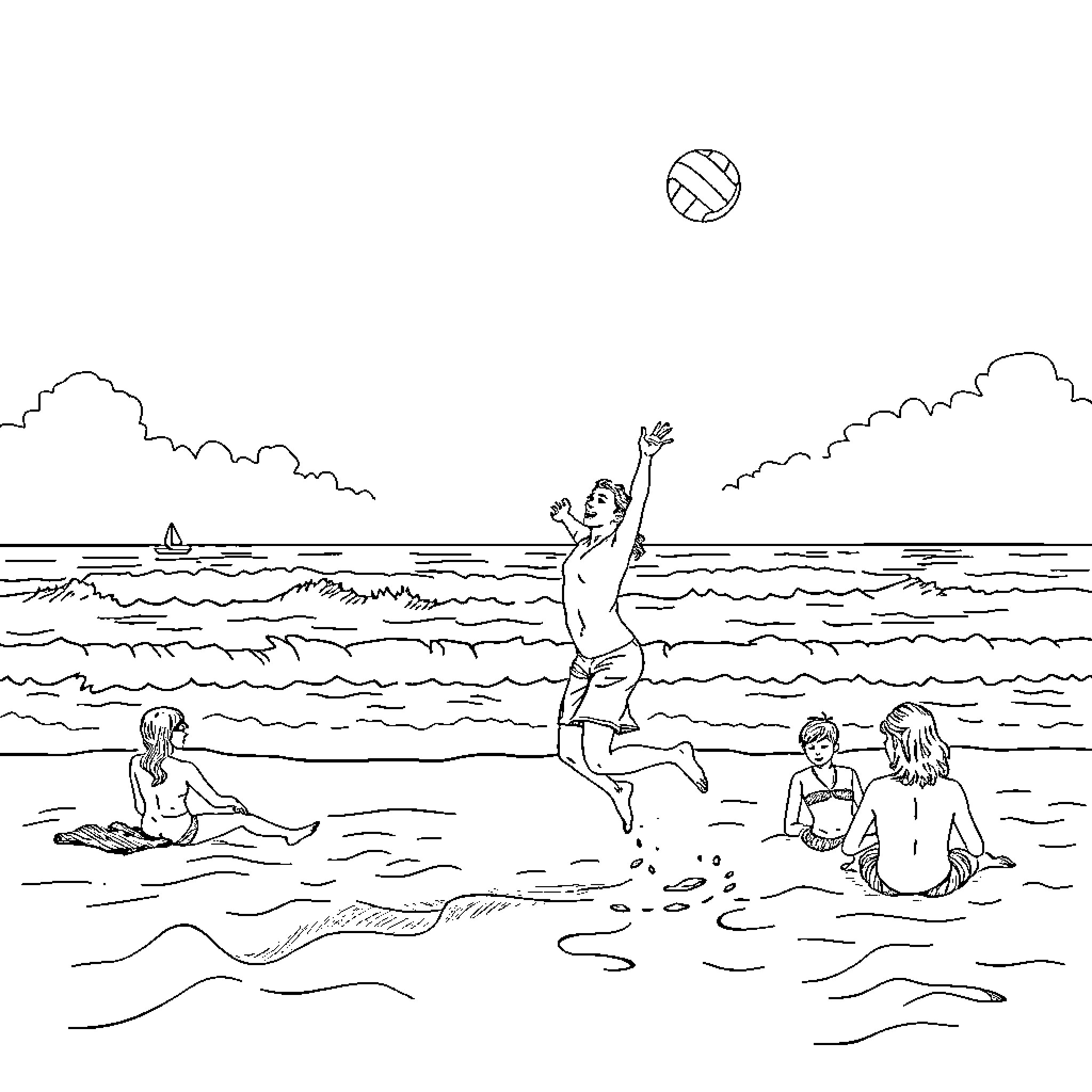 Person playing with ball at the beach Coloring Page (free black-and-white line drawing printable PDF for all, from beginners to advanced learners, including children, teens, adults, and seniors)