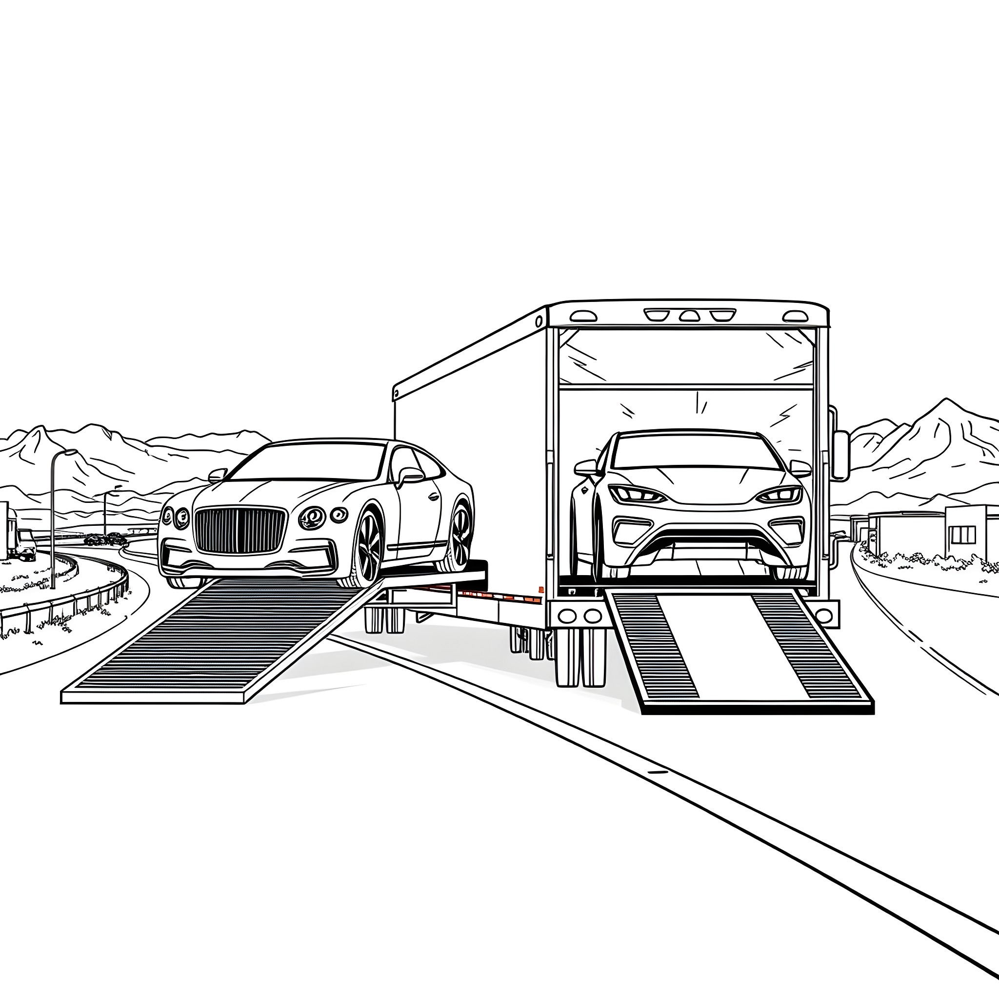 Car Hauler Transporting Luxury Vehicles on the Road Coloring Page (free black-and-white line drawing printable PDF for all, from beginners to advanced learners, including children, teens, adults, and seniors)