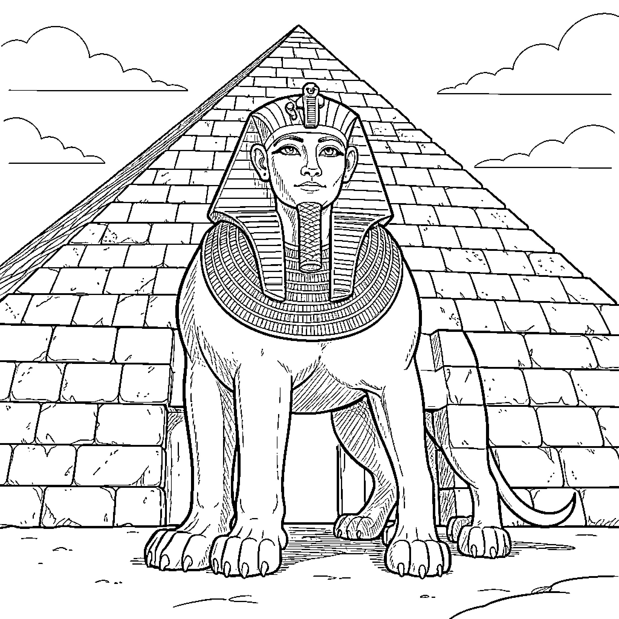 Sphinx guardian at the pyramid Coloring Page (free black-and-white line drawing printable PDF for all, from beginners to advanced learners, including children, teens, adults, and seniors)